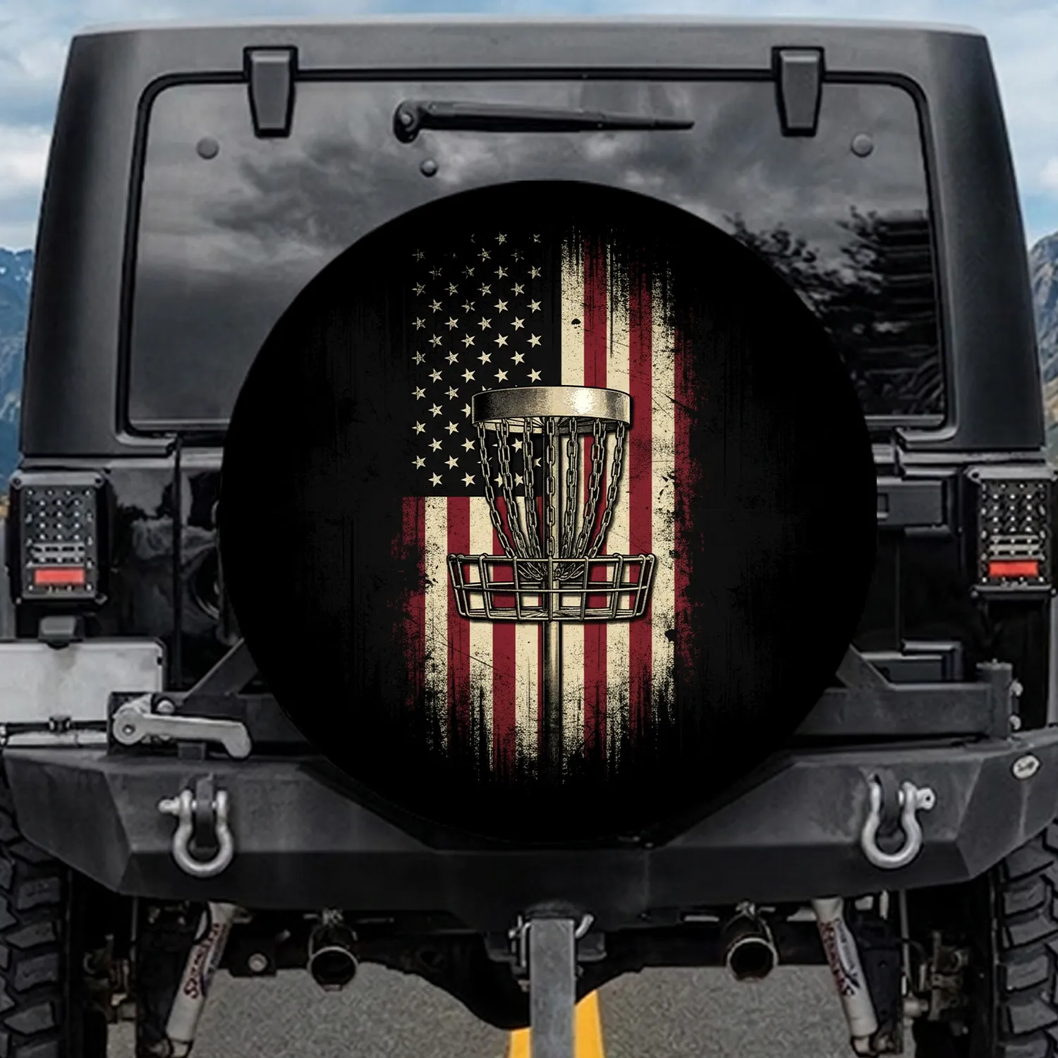 Distressed American Flag Disc Golf Basket - Outdoor Sports Gift for Veterans Spare Tire Cover - 1