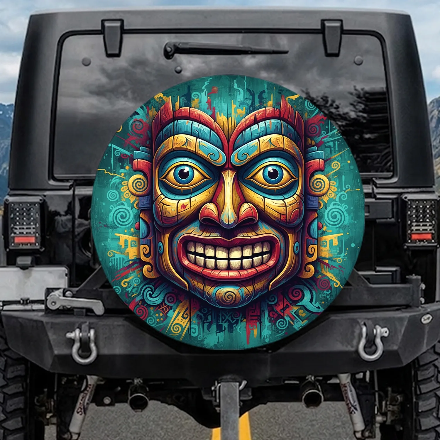 Carved Wooden Totem Face Geometric Tribal Motifs - Outdoor Decor Gift Spare Tire Cover - 1