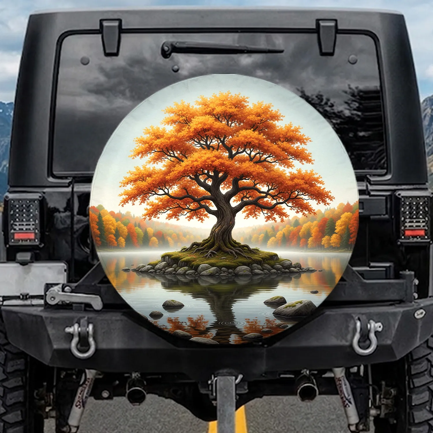 Gnarled Autumn Tree Lake Reflections Rocky Island - Outdoor Enthusiast Gift Spare Tire Cover - 1