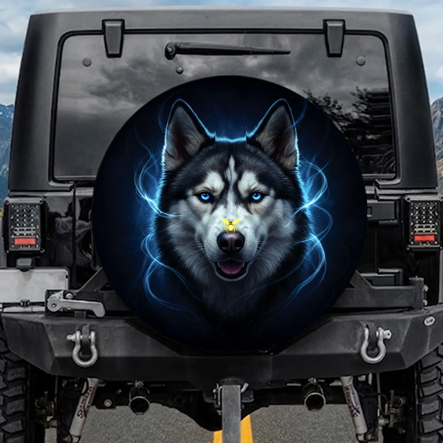 Husky Dog Blue Eyes Open Mouth Insect Dark Backdrop - Wildlife Lover Gift Spare Tire Cover - 1