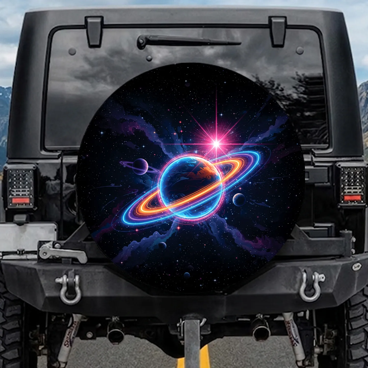 Luminous Neon Ringed Planets Starburst - Adventure Lover Travel Essentials Gift Spare Tire Cover - 1