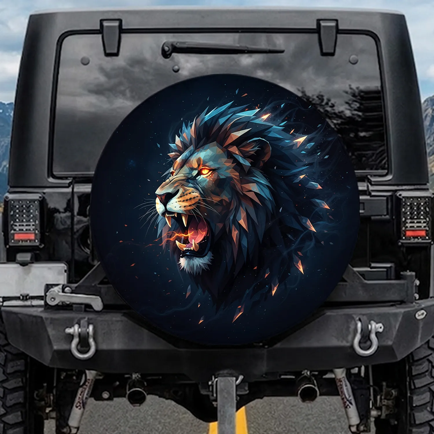 Geometric Lion Head Roaring Fire Glow Cosmic Dust - Wildlife Lover Gift Spare Tire Cover - 1