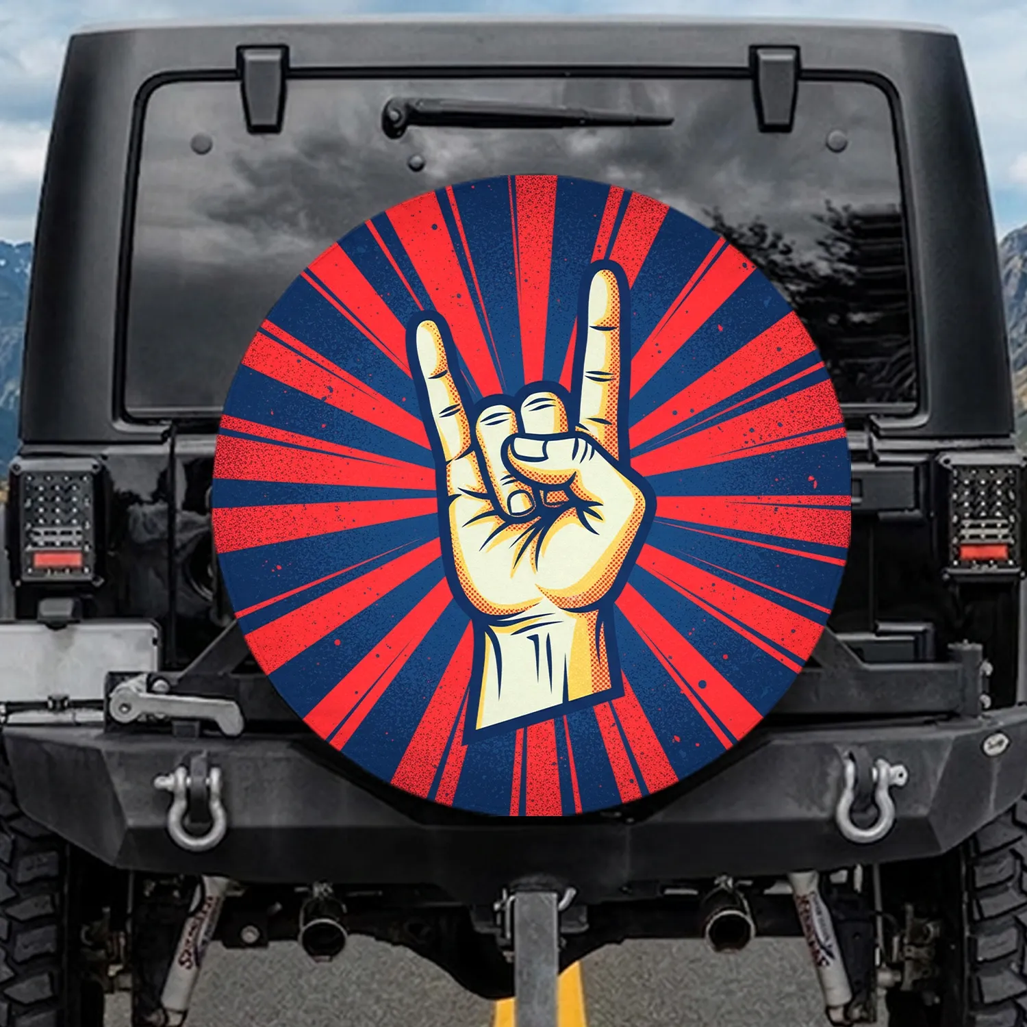 Rock On Hand Sign Radiating Beams - Music Lover Gift for Concert Goers Spare Tire Cover - 1