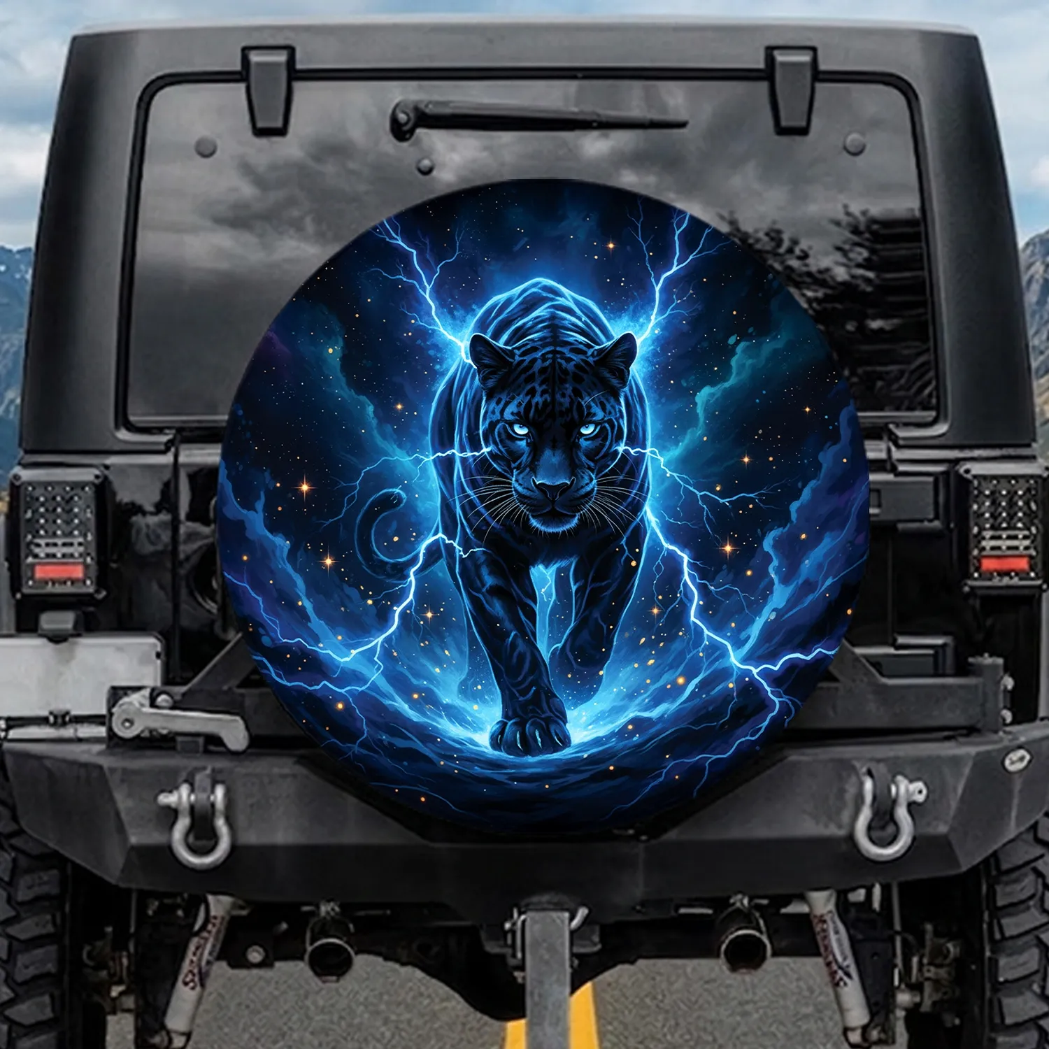 Black Panther Blue Lightning Cosmic Stars - Wildlife Lover Gift Spare Tire Cover - 1