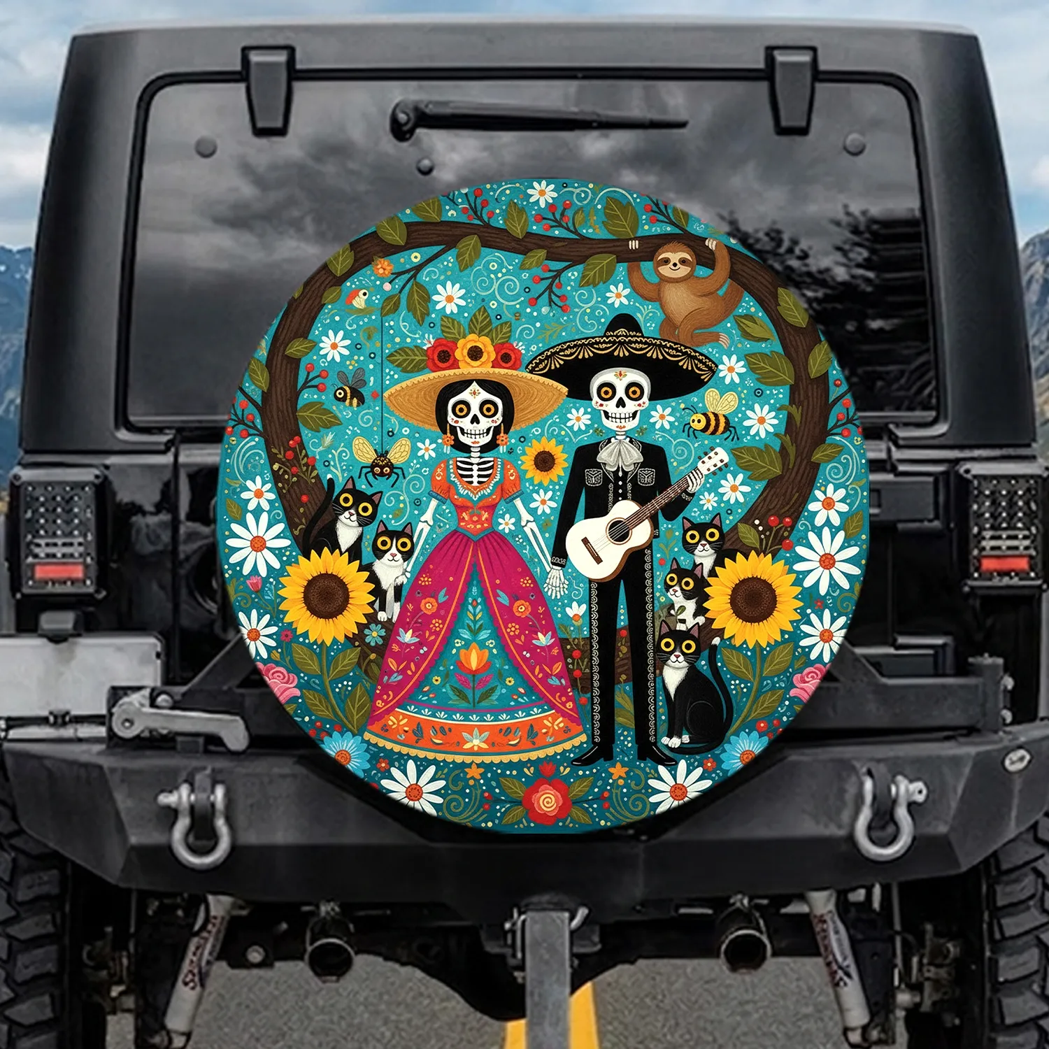 Calavera Couple Floral Cats - Day of the Dead Festivity Home Decor Spare Tire Cover - 1