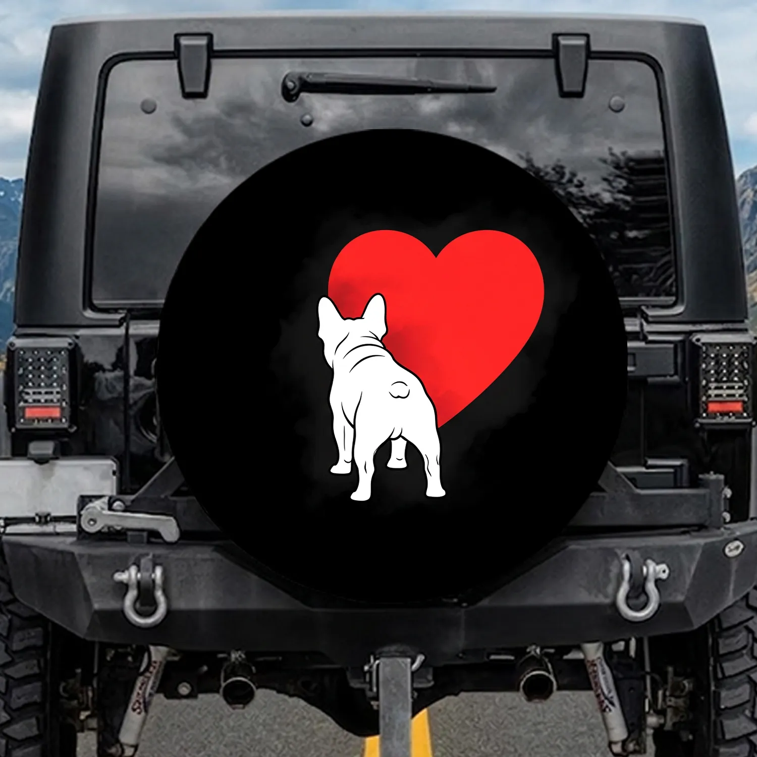French Bulldog Looking Back Red Heart - Everyday Home Decor Gift for Dog Lovers Pet Owners Spare Tire Cover - 1
