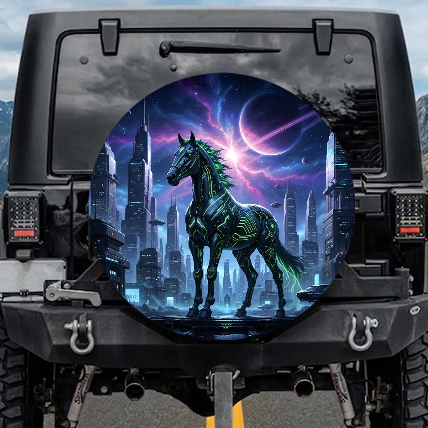 Cybernetic Horse Futuristic City Nebula - Sci-Fi Lover Gift Spare Tire Cover - 1