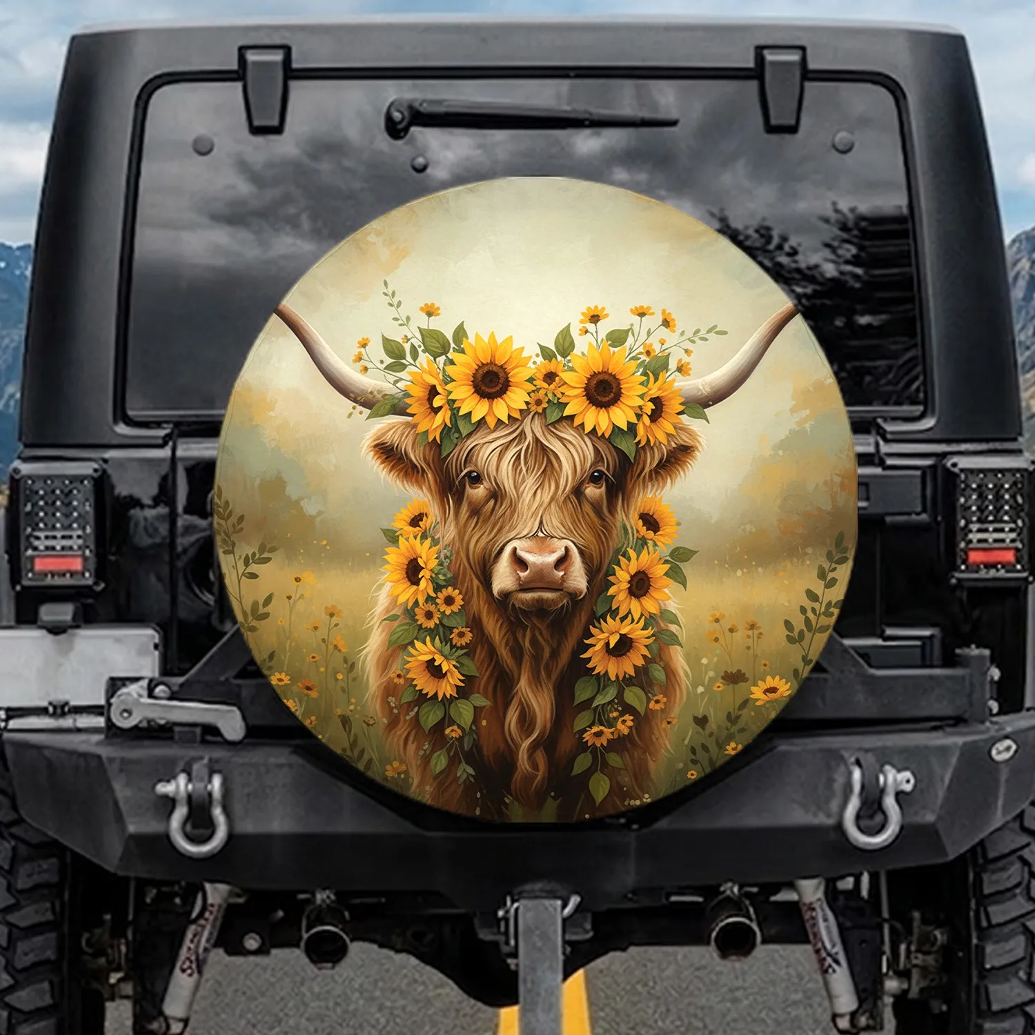 Highland Cow Sunflower Wreath - Farmhouse Home Decor Gift for Cow Lover Spare Tire Cover - 1