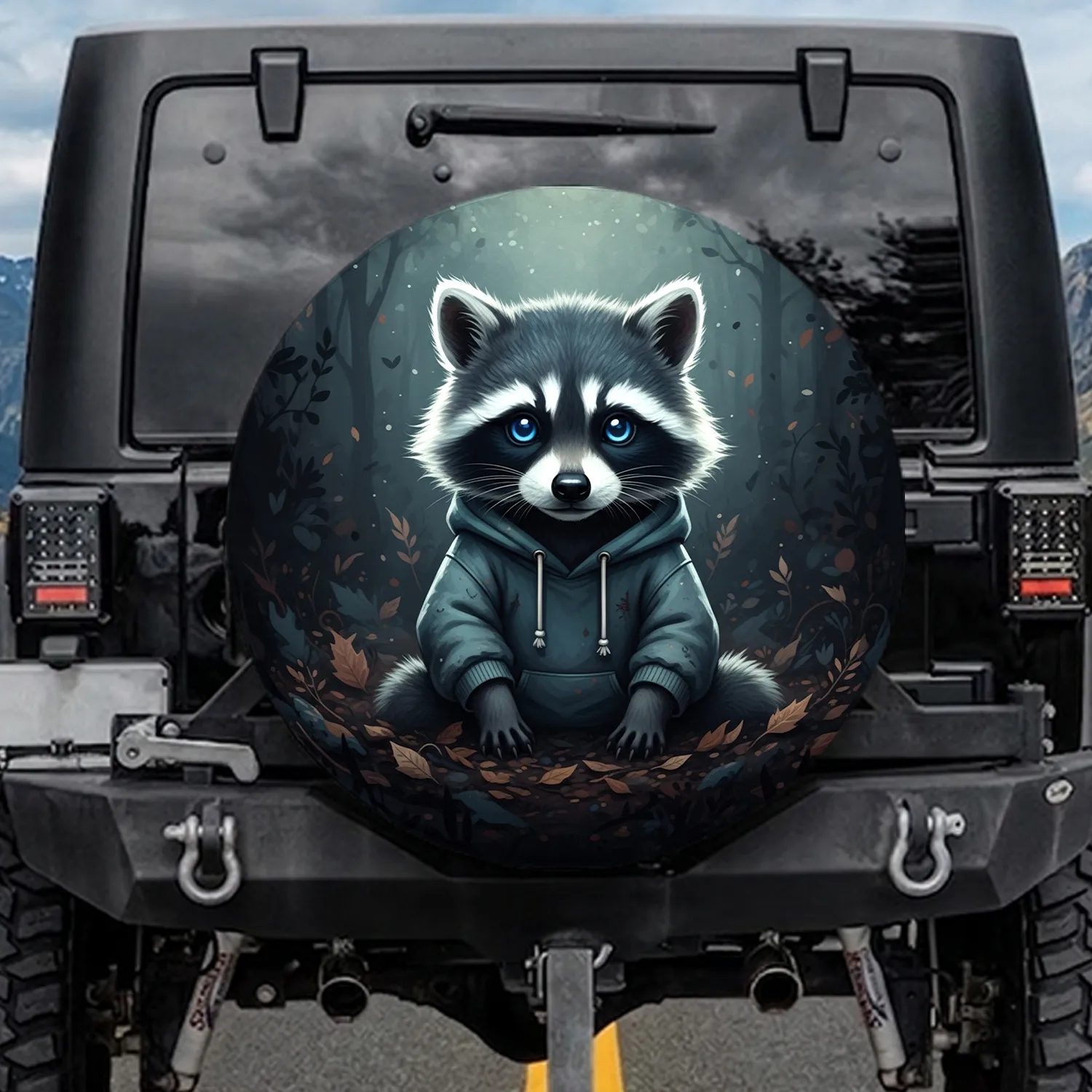 Fluffy Baby Raccoon Hoodie Electric Blue Eyes Forest - Wildlife Lover Home Decor Gift Spare Tire Cover - 1
