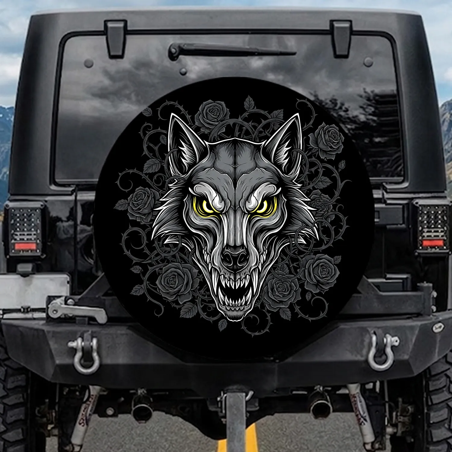 Wolf Skull Glowing Yellow Eye Thorny Rose Vines - Outdoor Lifestyle Vehicle Accent Spare Tire Cover - 1