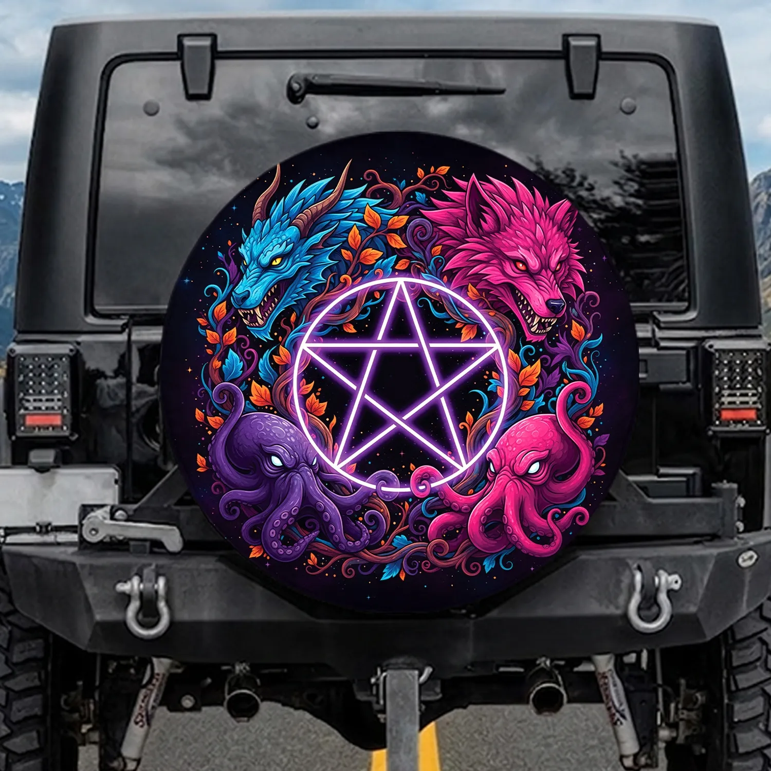 Pentagram Dragon Wolf Octopus Stars - Fantasy Lover Cosmic Decor Gift Spare Tire Cover - 1
