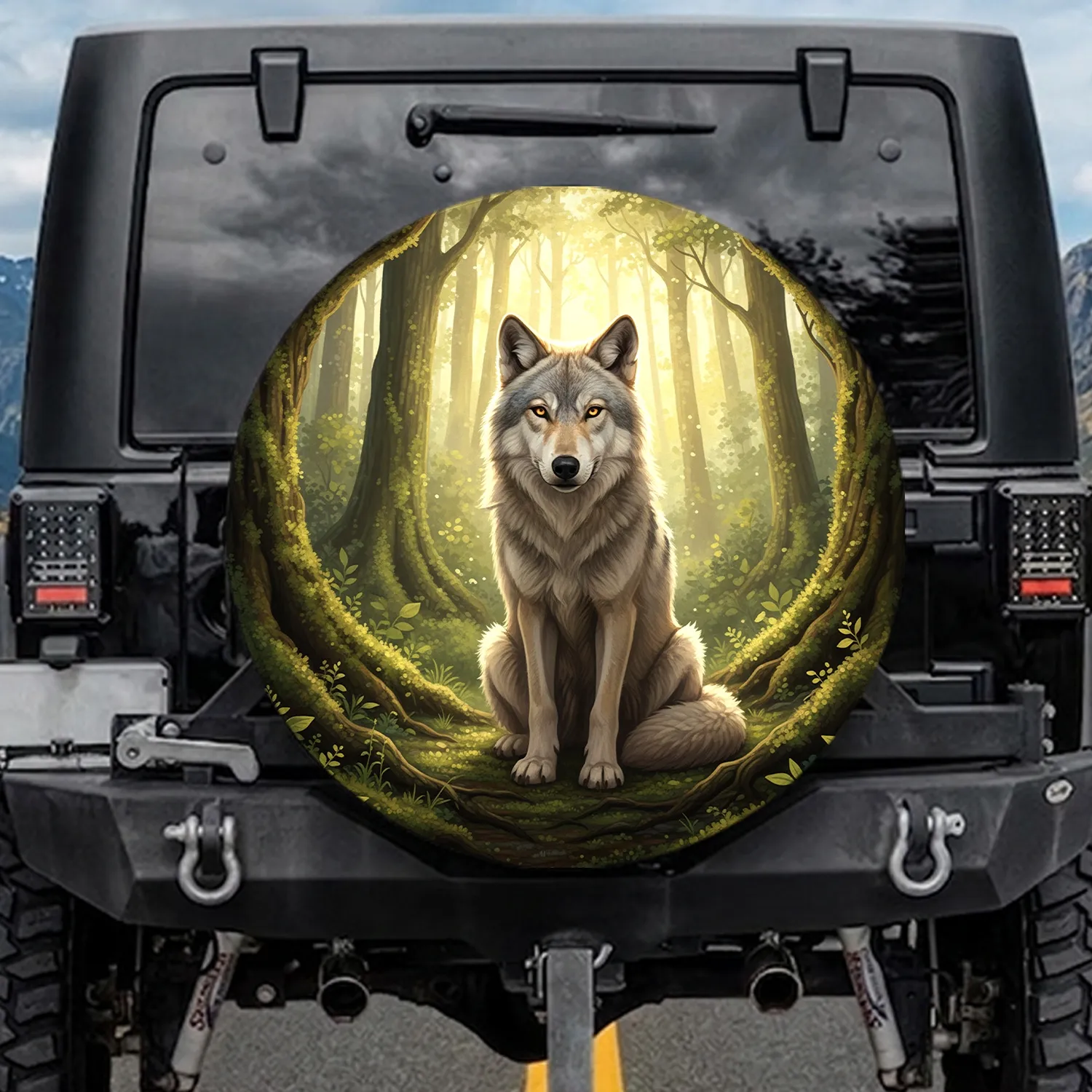 Majestic Wolf Deep Forest Moss Covered Trees Ground Golden Light - Wildlife Lover Gift Spare Tire Cover - 1