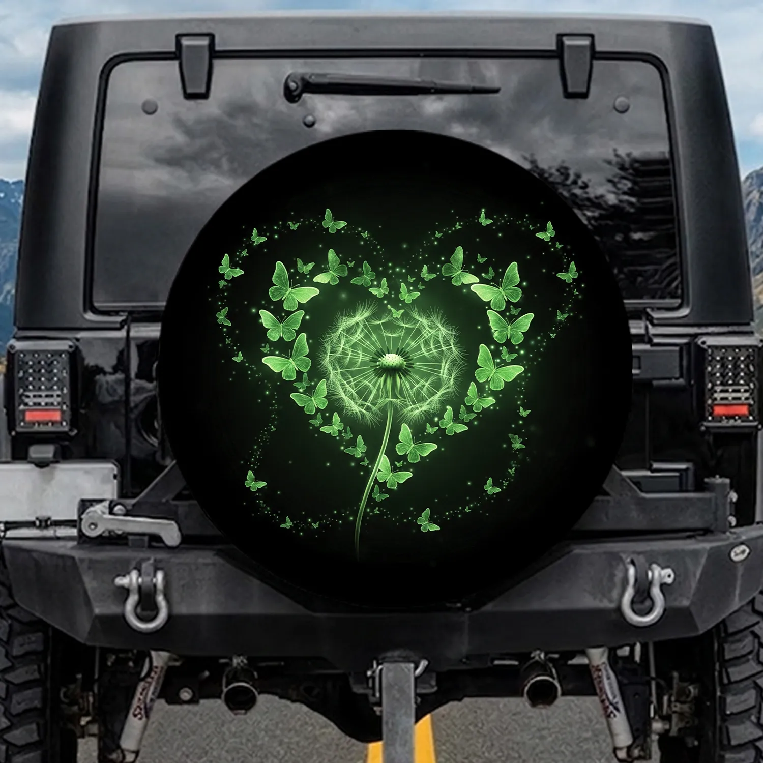 Luminous Green Dandelion Puffball Butterfly Heart - Nature Lover Gift for Car Owners Spare Tire Cover - 1