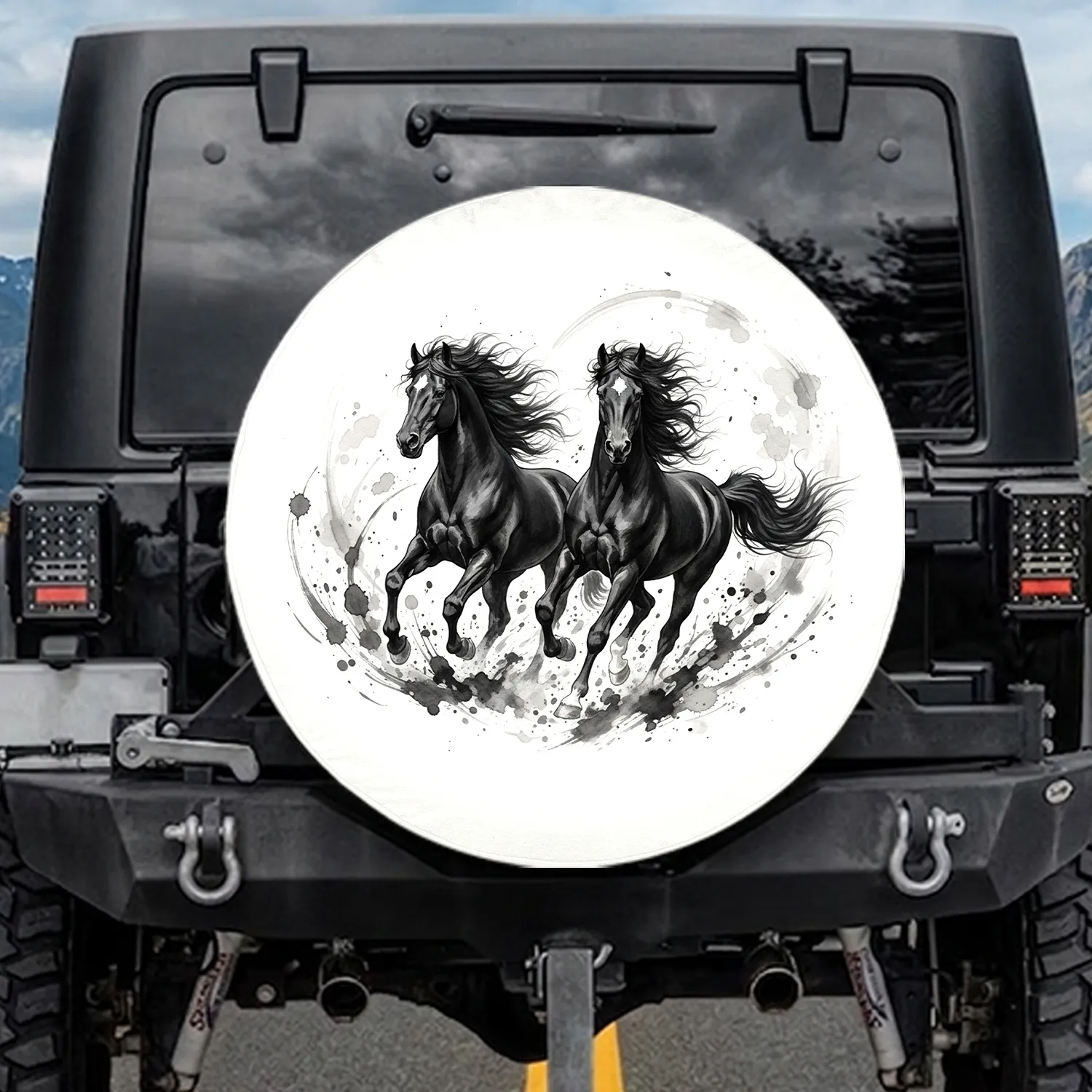 Majestic Wild Black Horses Flowing Manes Brushstrokes - Horse Lover Home Decor Gift Spare Tire Cover - 1