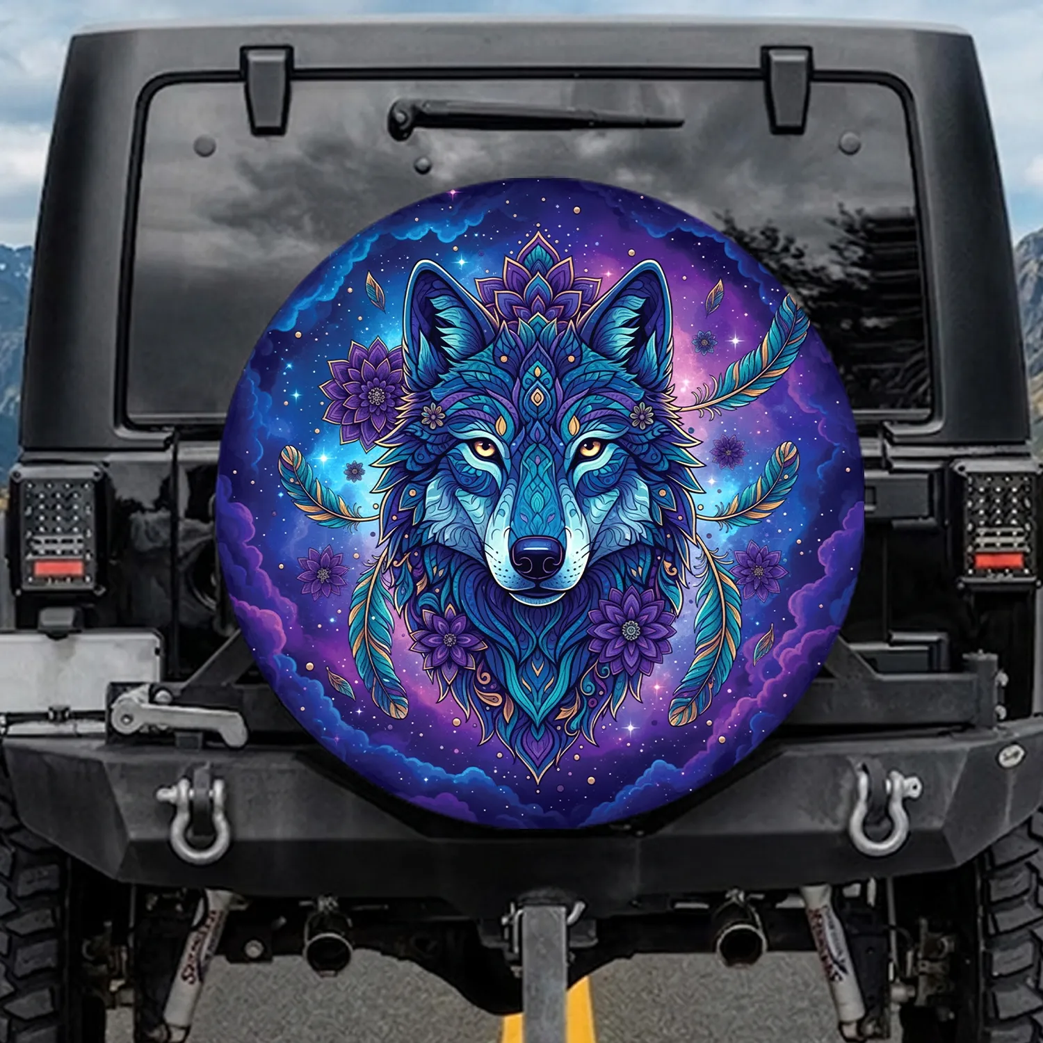 Wolf Head Mandala Feathers Cosmic Sky - Wildlife Lover Gift Spare Tire Cover - 1