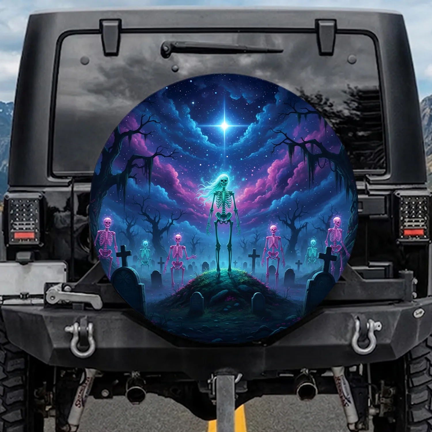 Luminous Skeletons Graveyard Cosmic Night Sky - Dark Fantasy Decor for Fantasy Lover Spare Tire Cover - 1