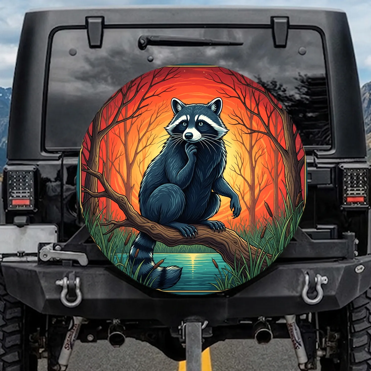 Raccoon Tree Branch Celtic Knot Sunset - Wildlife Lover Gift Spare Tire Cover - 1