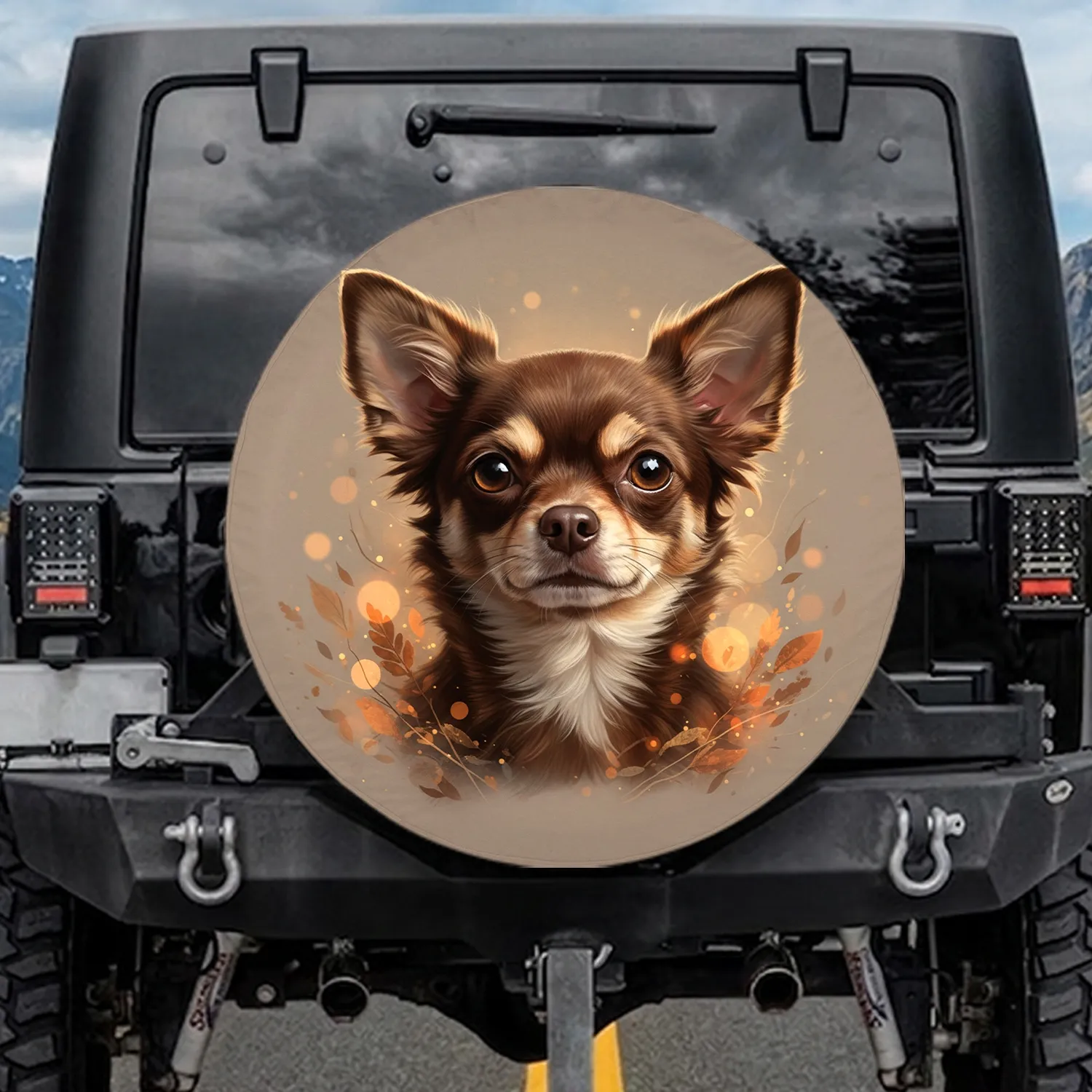 Small Brown Chihuahua Dog Portrait with Soulful Eyes - Dog Lover Vehicle Decor Gift Spare Tire Cover - 1