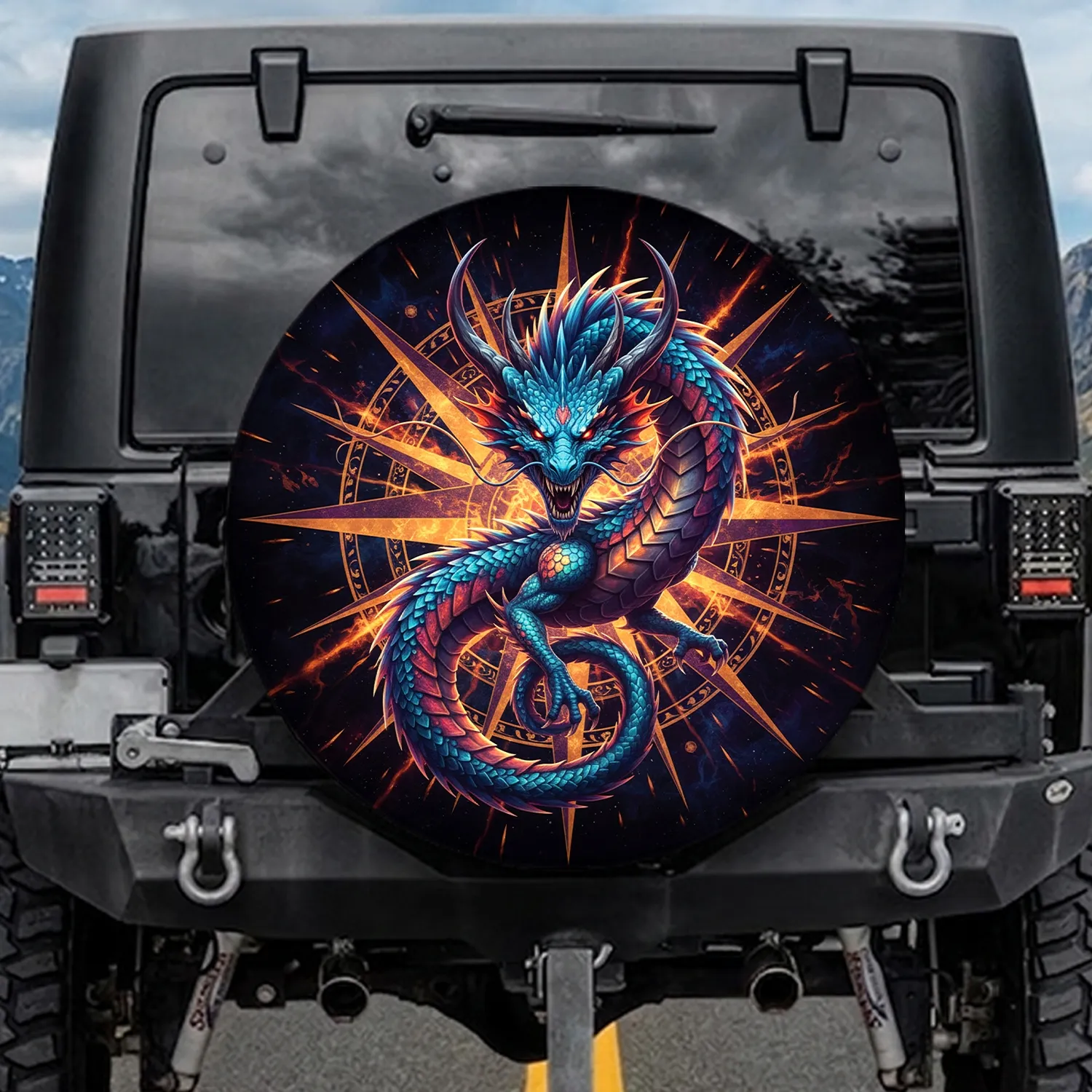 Electric Blue Turquoise Dragon Orange Magenta Scales Compass Rose - Fantasy Lover Gift Spare Tire Cover - 1