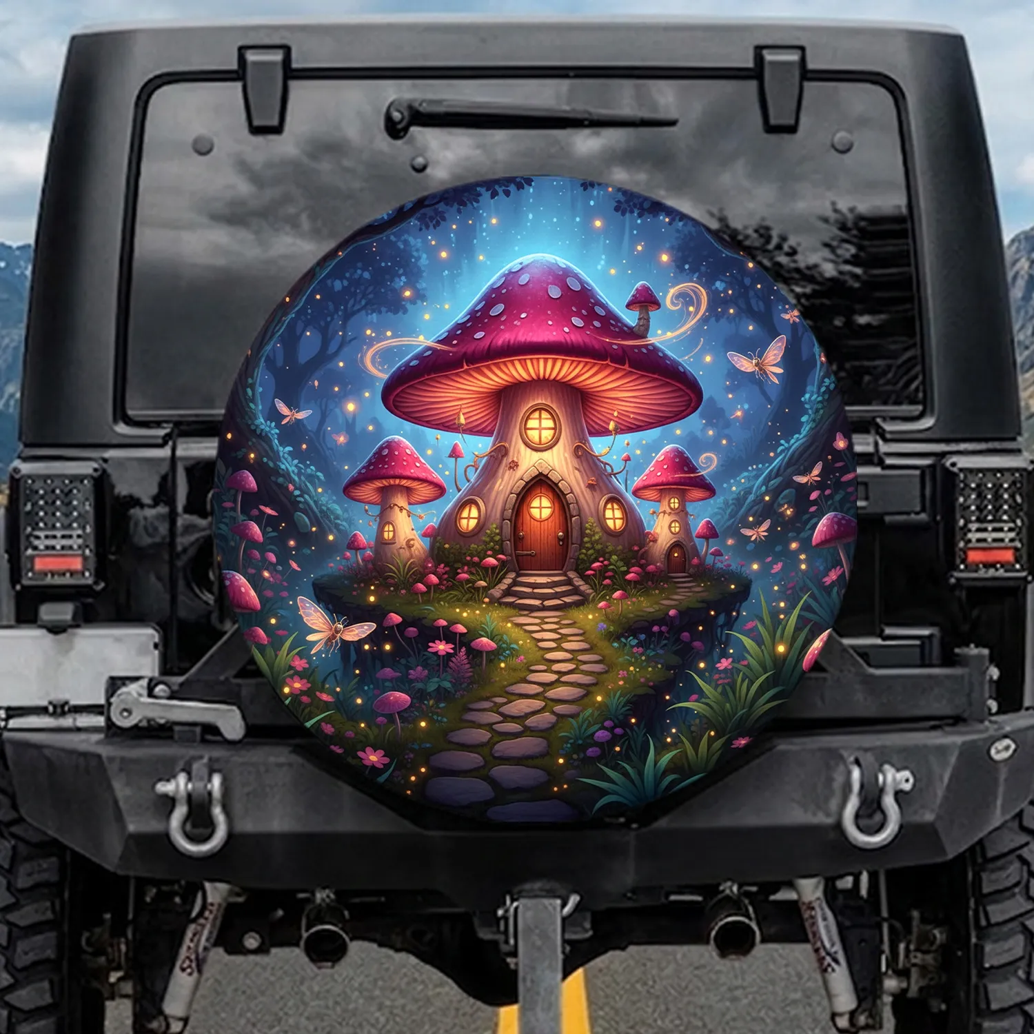 Luminescent Mushroom Houses Fireflies Night Sky - Fantasy Home Decor Gift Spare Tire Cover - 1