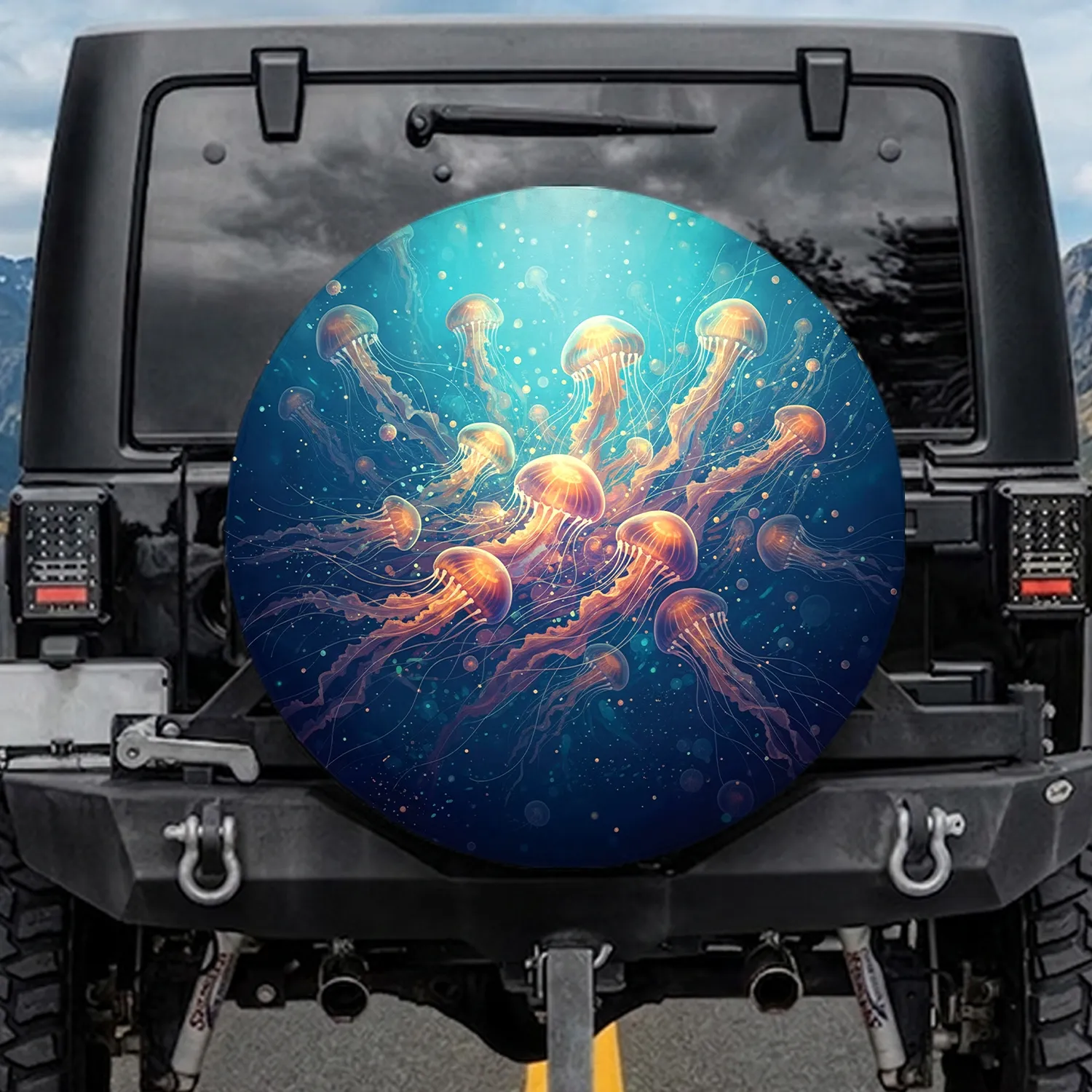 Ethereal Glowing Jellyfish Underwater Deep Ocean Scene - Marine Life Home Decor Gift Spare Tire Cover - 1