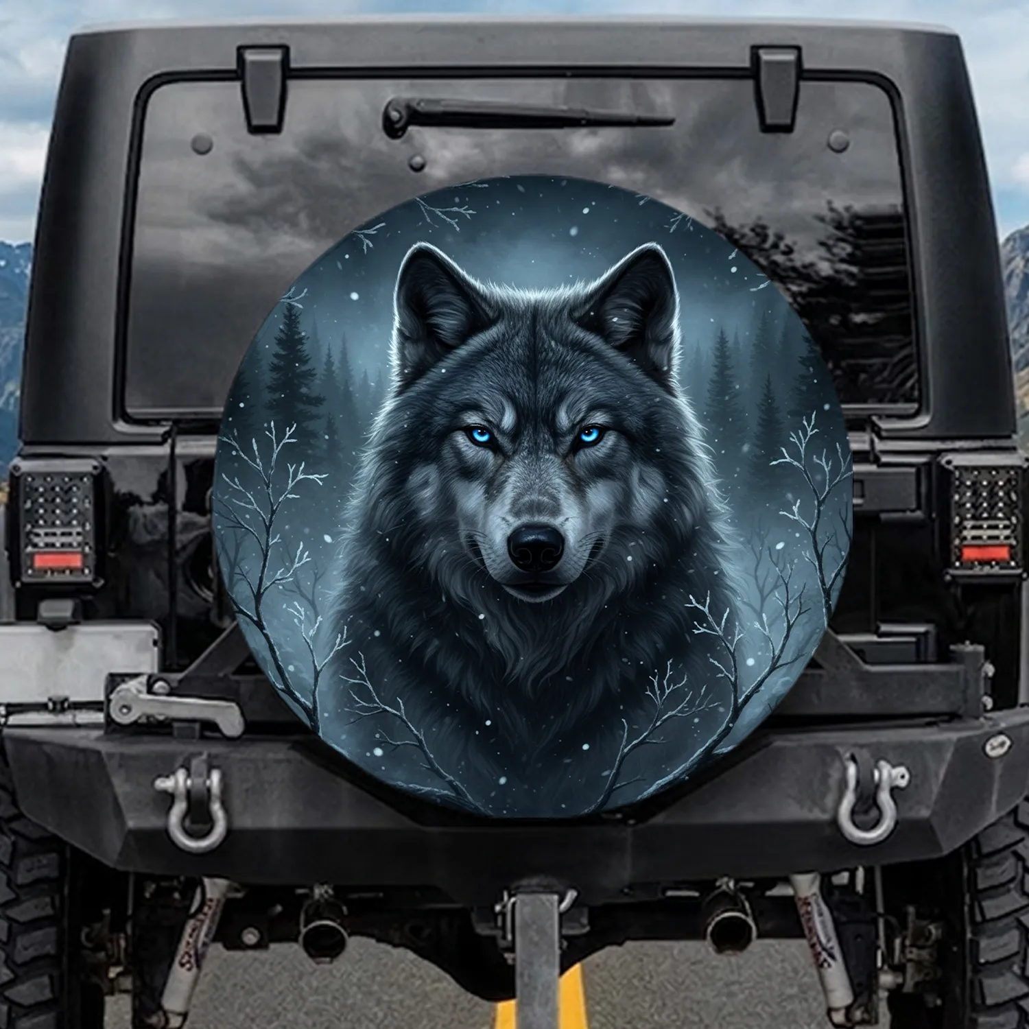 Grey Wolf Electric Blue Eyes Misty Forest Frost Snowflakes - Wildlife Lover Gift Spare Tire Cover - 1