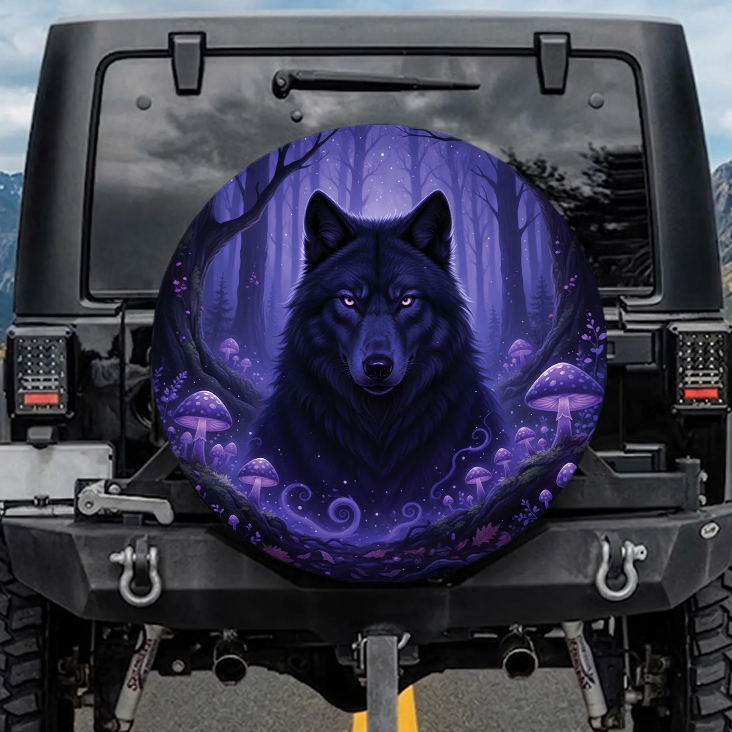 Black Wolf Glowing Purple Eyes Enchanted Forest - Fantasy Lover Gift Spare Tire Cover - 1