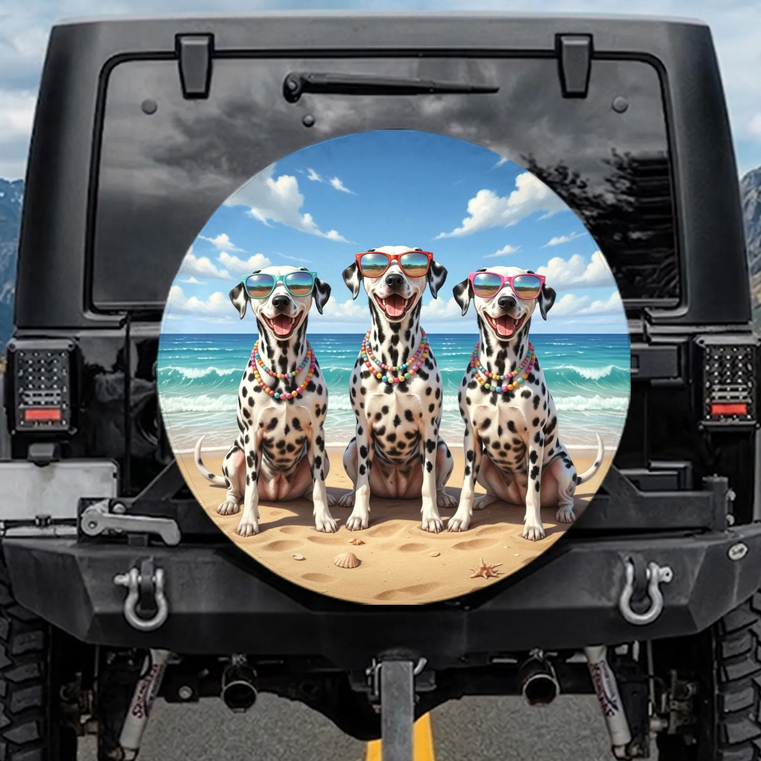 Dalmatian Dogs Reflective Sunglasses Beach Ocean Seashells Sky - Summer Lifestyle Gift Spare Tire Cover - 1