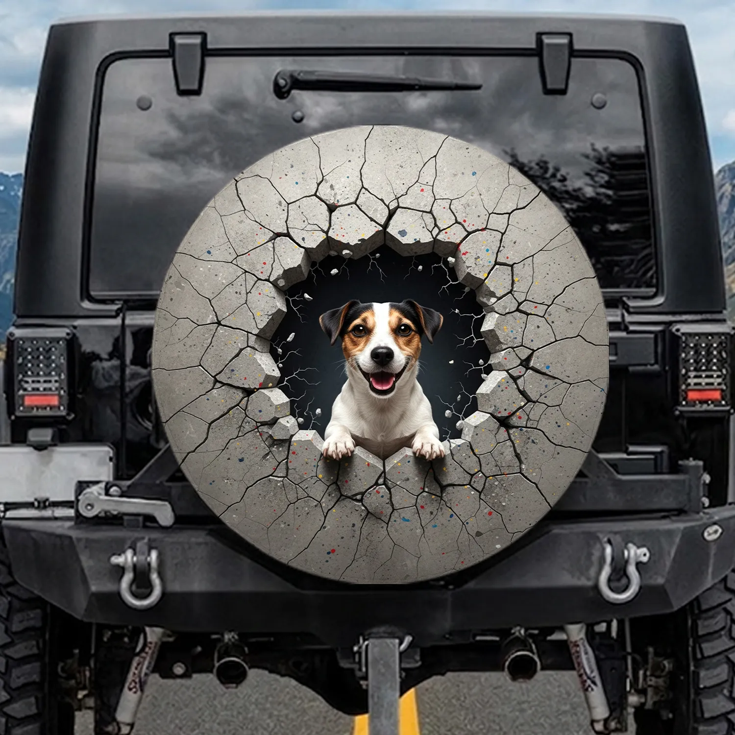 Smiling Jack Russell Dog Emerging from Fractured Stone - Dog Lover Gift Spare Tire Cover - 1