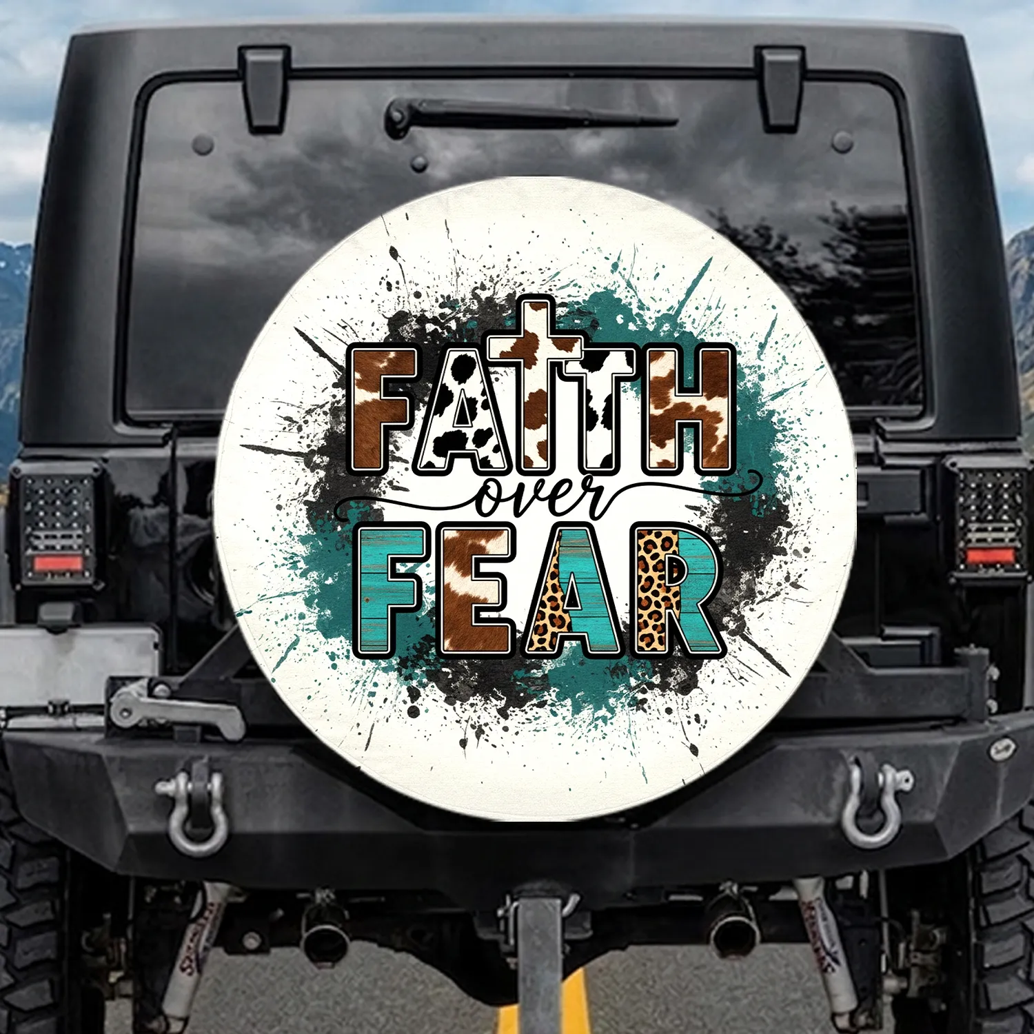 Faith over Fear Cowhide Leopard Cross - Christian Gift for Believers Spare Tire Cover - 1