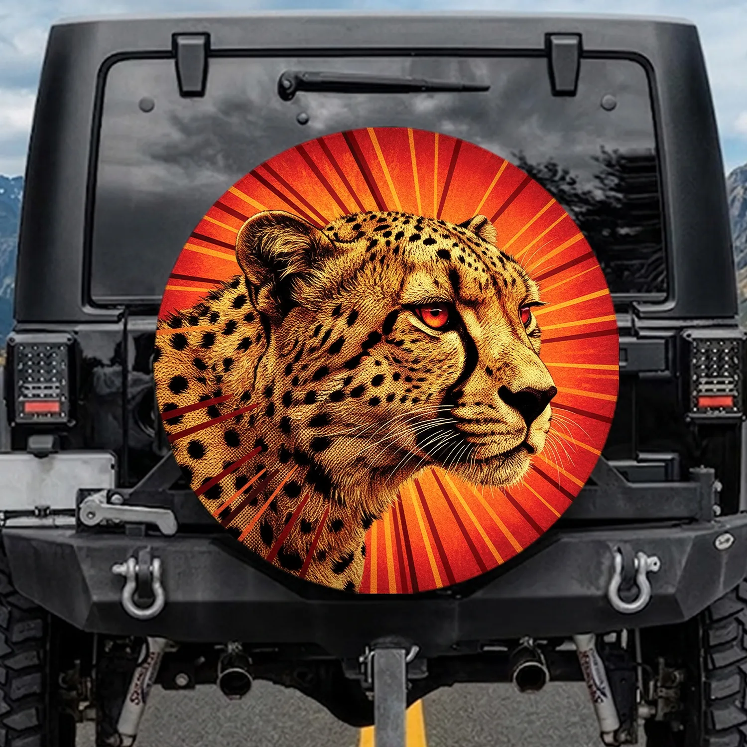 Golden-Brown Cheetah Head Red-Orange Radial Lines - Wildlife Lover Gift Spare Tire Cover - 1