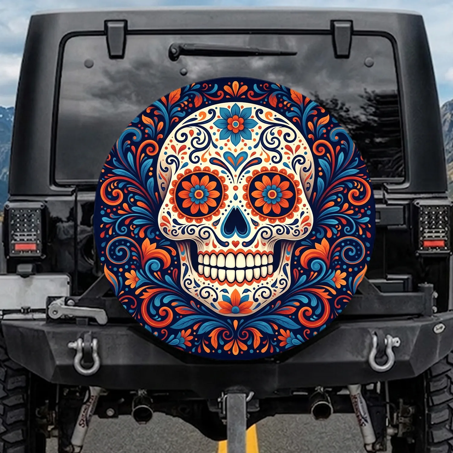 Sugar Skull Flowers Leaves Filigree - Dia de los Muertos Celebration Gift Spare Tire Cover - 1