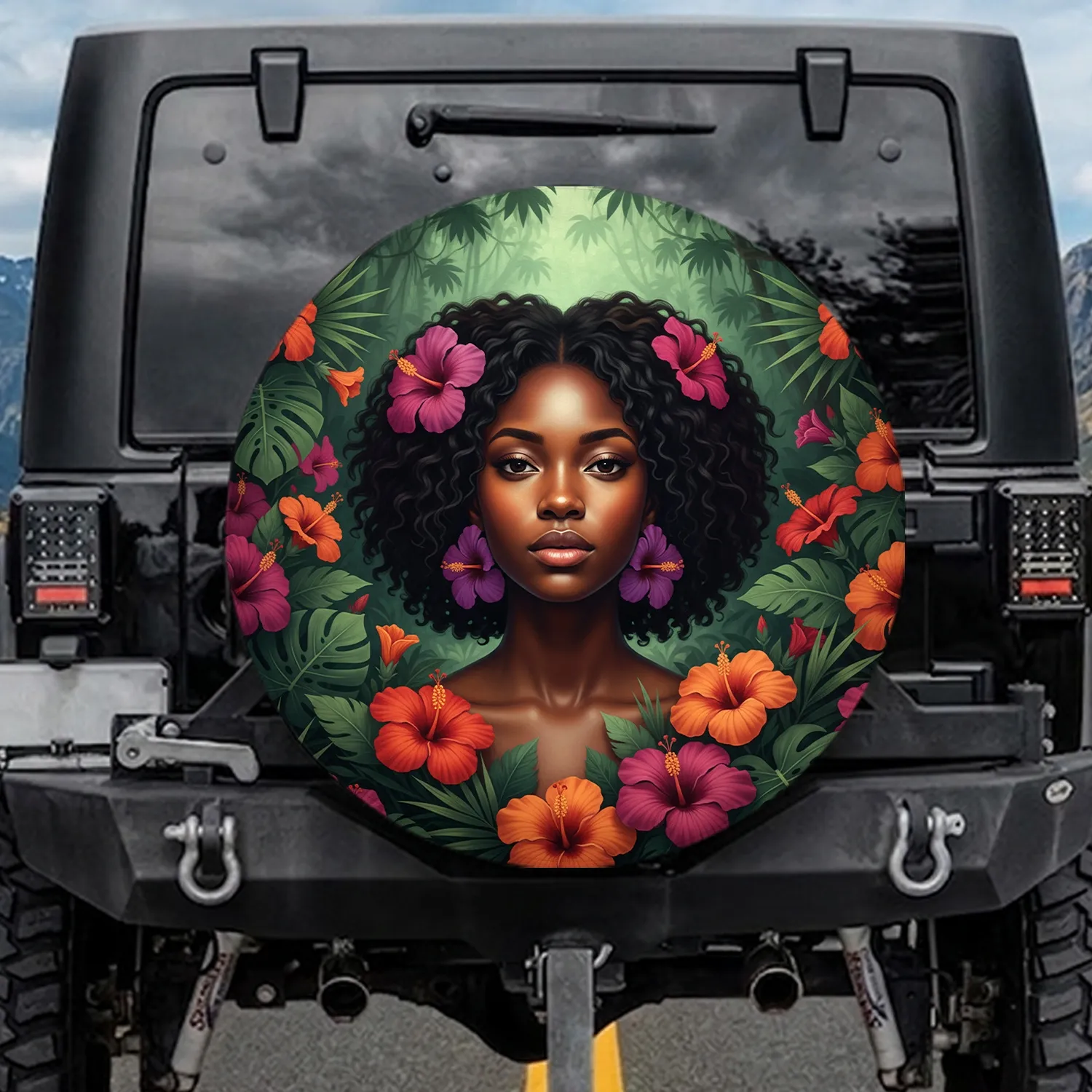 Young Black Woman Purple Hibiscus Tropical Jungle - Tropical Lifestyle Gift Spare Tire Cover - 1