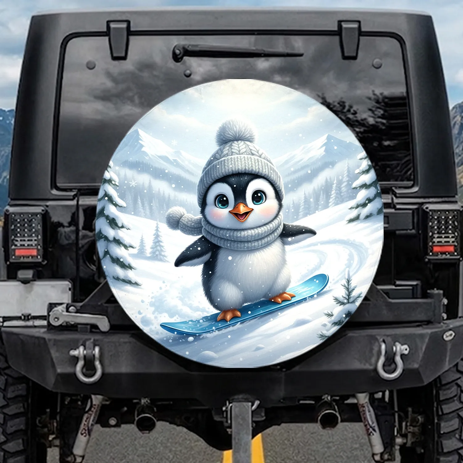Baby Penguin Snowboarding Snowy Landscape - Winter Lover Gift for Kids Spare Tire Cover - 1
