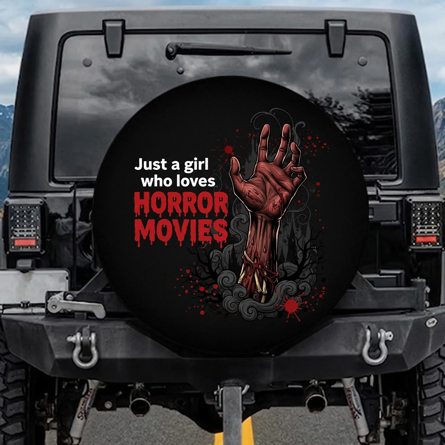 Gothic Zombie Hand 'Just a Girl Who Loves HORROR MOVIES' - Fan Gift for Girls Spare Tire Cover - 1