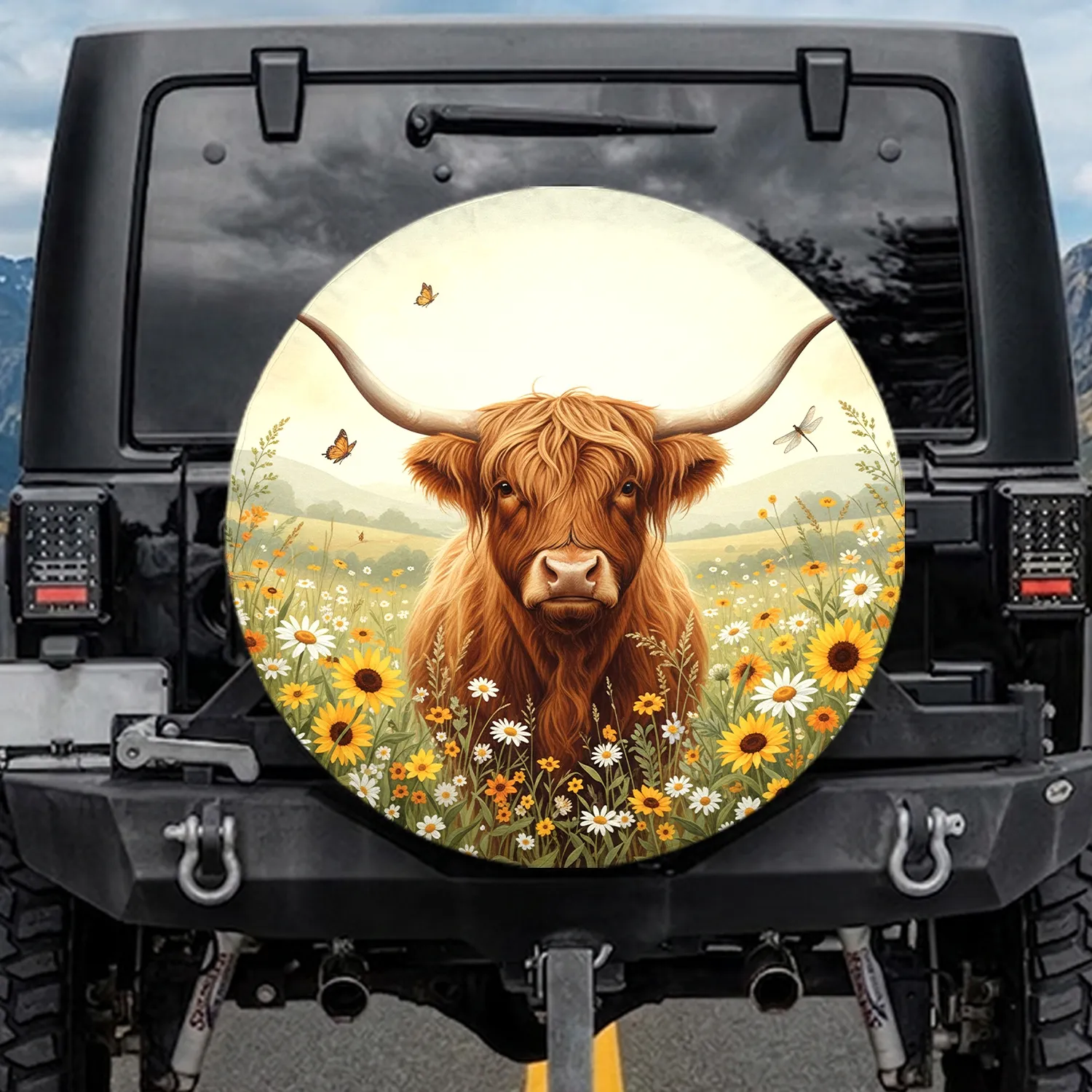 Highland Cow Wildflower Meadow - Farmhouse Home Decor Gift for Cow Lover Spare Tire Cover - 1