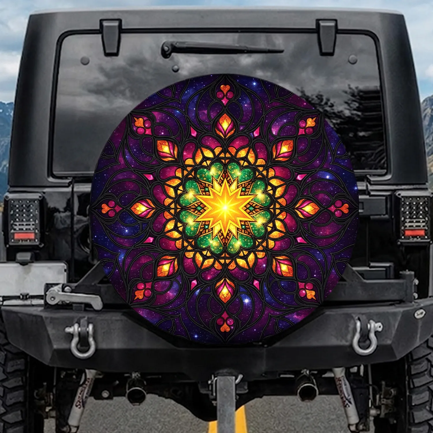 Cosmic Stained Glass Star Mandala - Home Decor Gift for Space Enthusiast Spare Tire Cover - 1