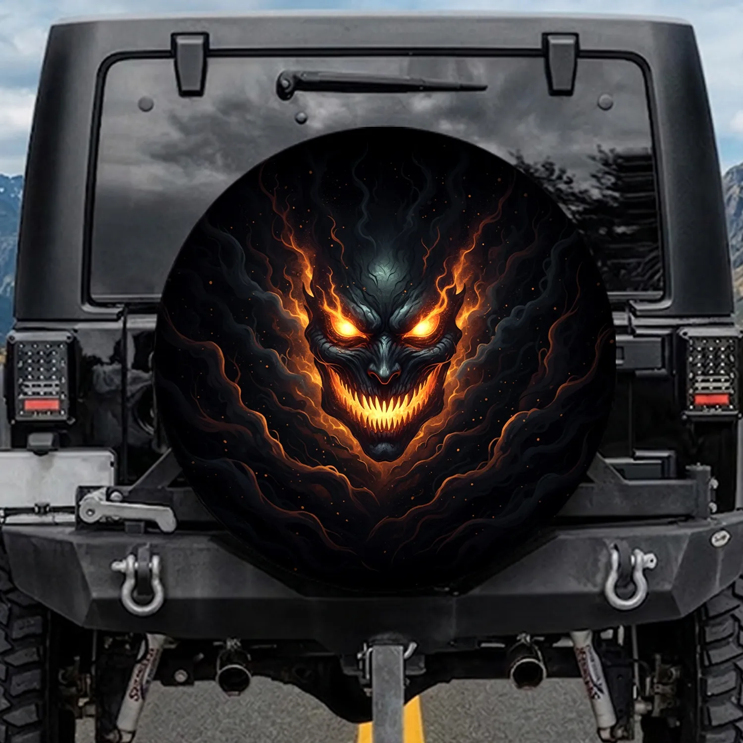 Menacing Fiery Eyed Saw-toothed Face - Halloween Decor Gift for Horror Lover Spare Tire Cover - 1