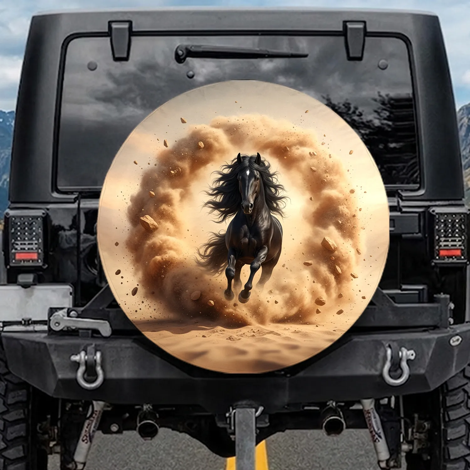 Black Horse Galloping Dust Cloud - Wildlife Lover Gift for Horse Lover Spare Tire Cover - 1