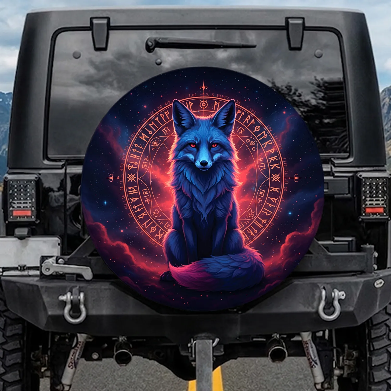 Majestic Blue Fox Glowing Red Eyes Runic Cosmic Sky - Fantasy Lover Gift Spare Tire Cover - 1