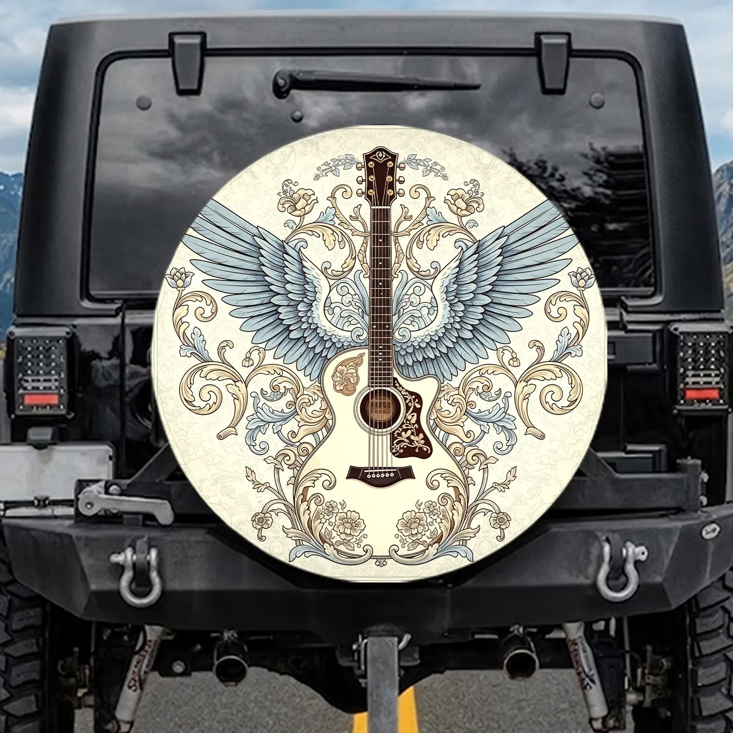 Acoustic Guitar Feathered Wings Rococo Floral Filigree - Music Lover Travel Gear Gift Spare Tire Cover - 1