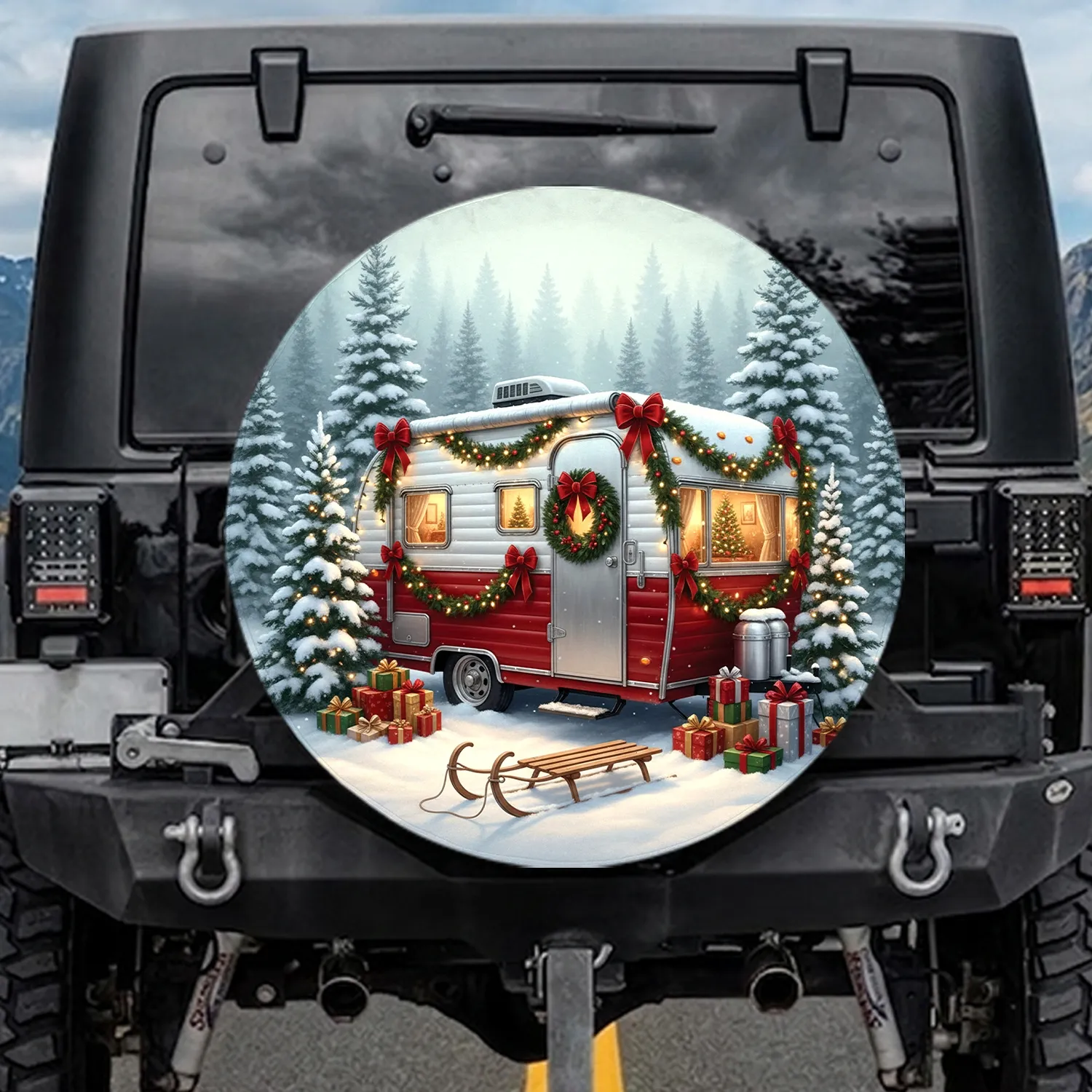 Vintage Travel Trailer Christmas Snow Forest - Holiday Decor Gift Spare Tire Cover - 1