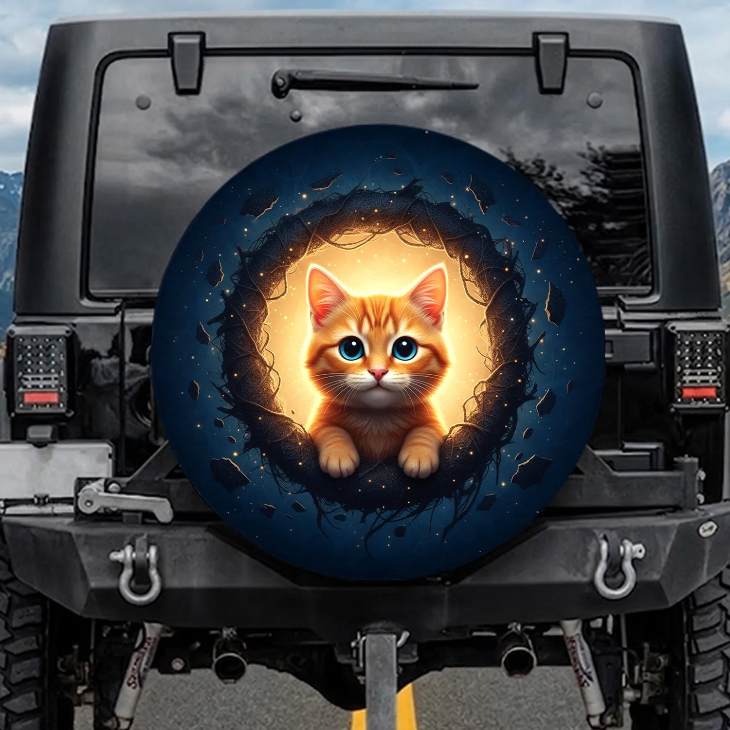 Dramatically Torn Material Wide-Eyed Orange Tabby Cat Blue Eyes - Vehicle Decor Gift Spare Tire Cover - 1