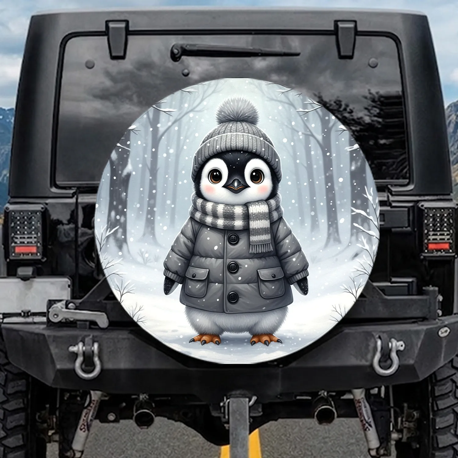 Baby Penguin Beanie Scarf Winter Forest Snow Scene - Wildlife Lover Gift Spare Tire Cover - 1