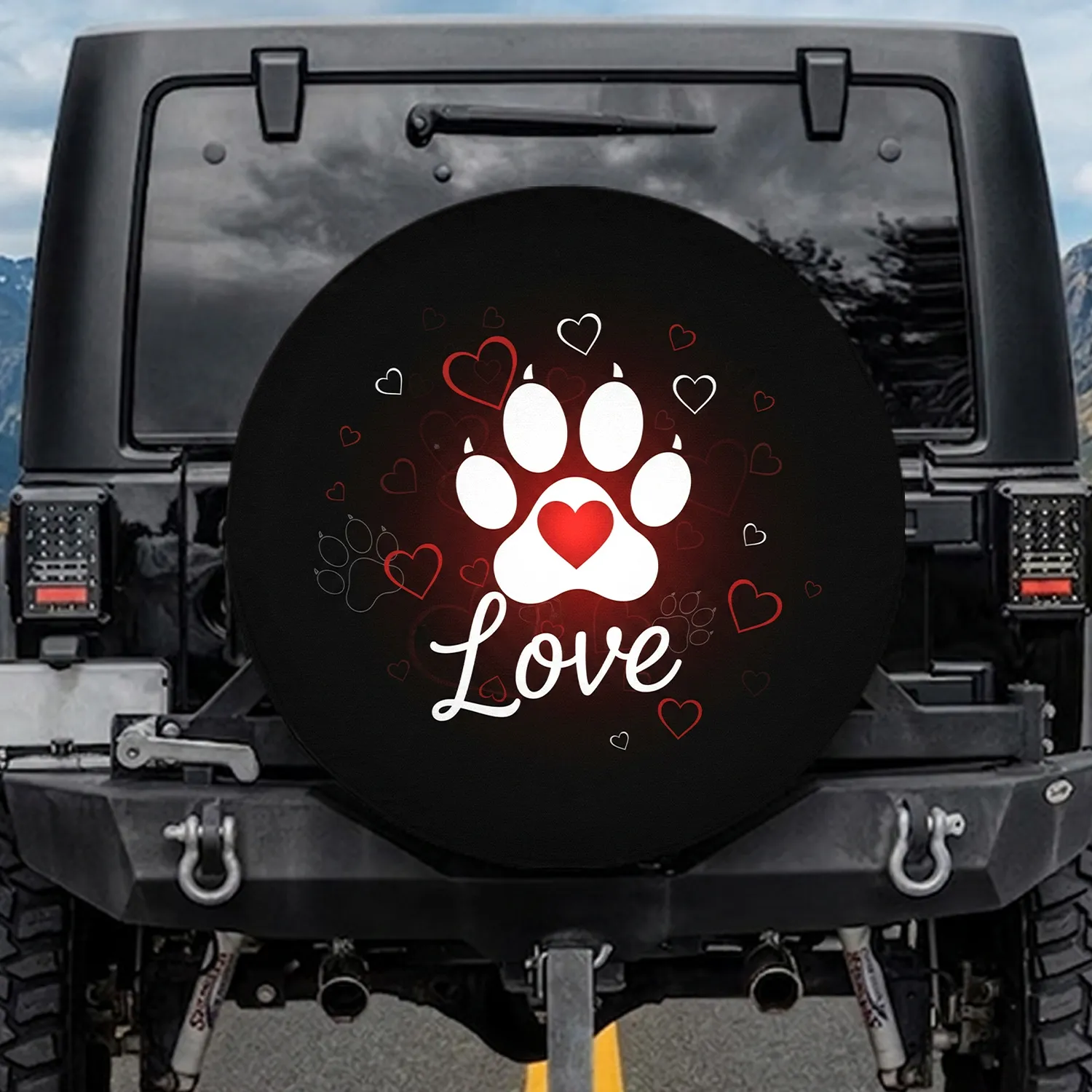 White Paw Print Red Heart Love Script Symbol - Everyday Affection Expression for Pet Lovers Spare Tire Cover - 1