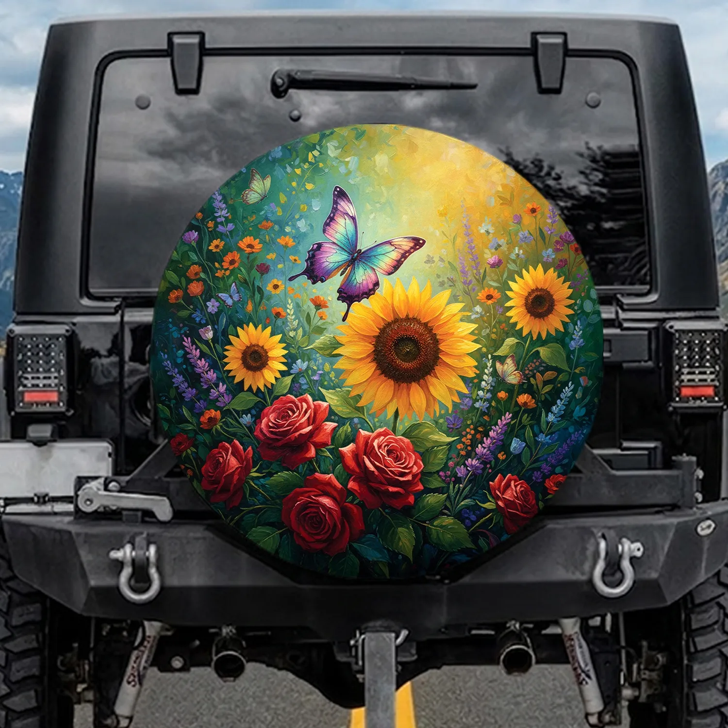 Iridescent Butterfly Sunflower Roses Lush Garden - Home Decor Gift for Garden Lover Spare Tire Cover - 1