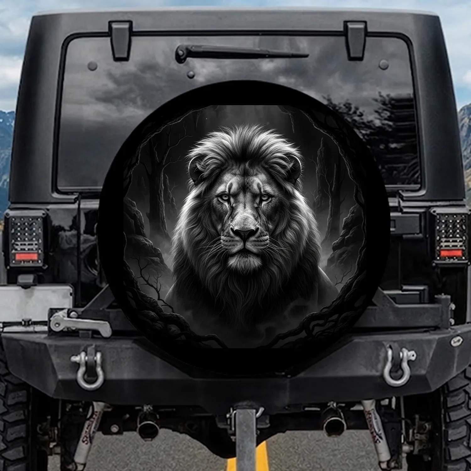 Male Lion Piercing Gaze Powerful Mane Dark Habitat Black Background - Wildlife Lover Gift Spare Tire Cover - 1