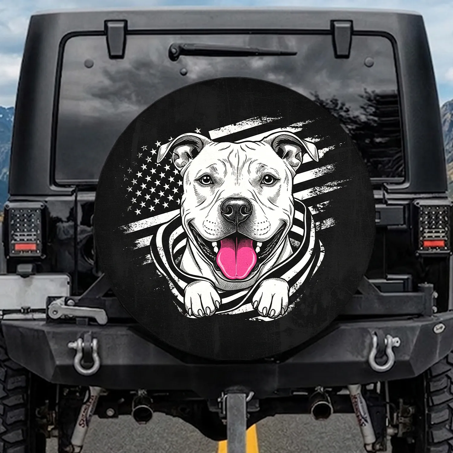 Happy Pitbull Dog Face Black White American Flag - Patriotic Decor for Dog Lovers Spare Tire Cover - 1