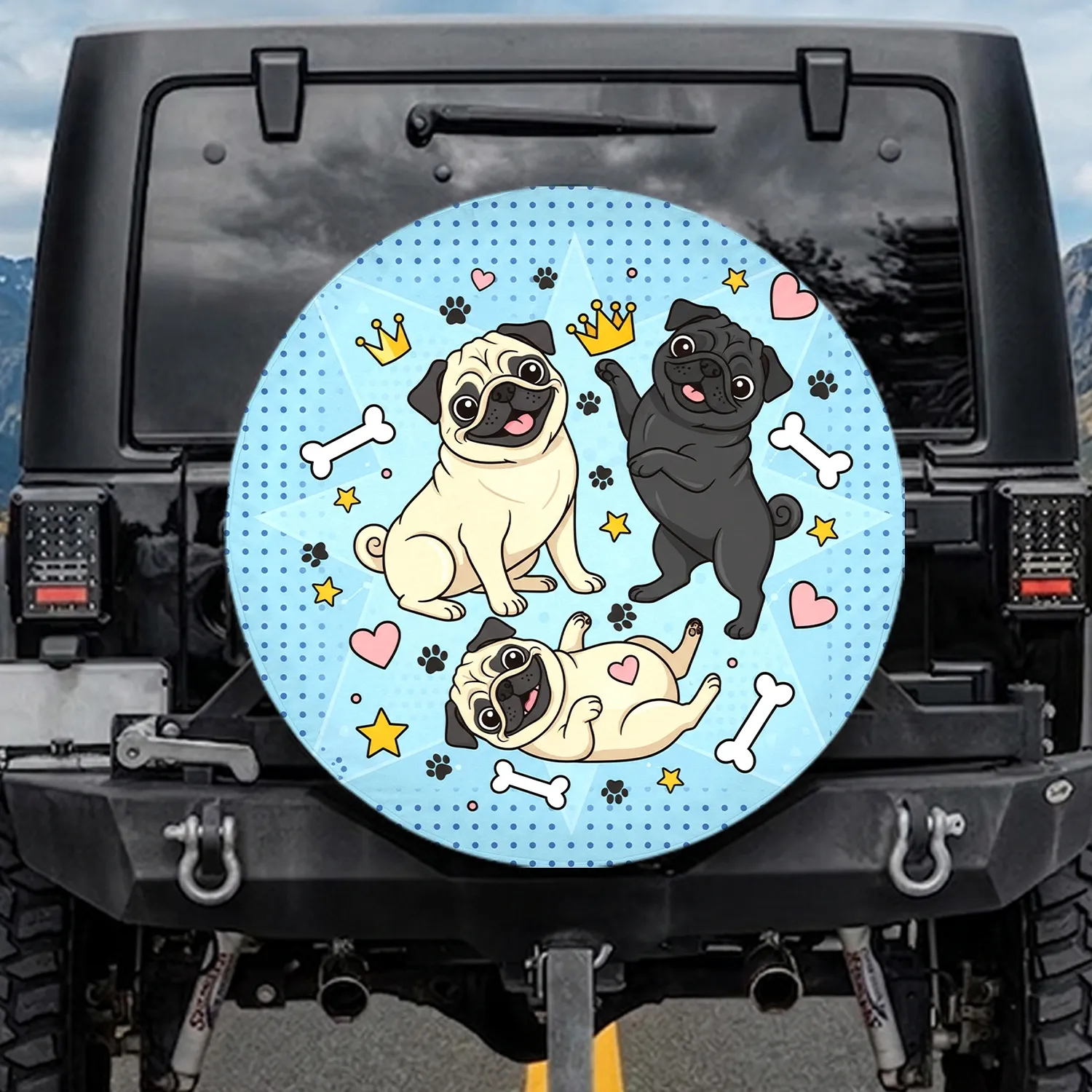 Fawn Black Pugs Playful Poses White Bones Pink Hearts Yellow Stars Golden Crowns - Pug Lover Gift Spare Tire Cover - 1