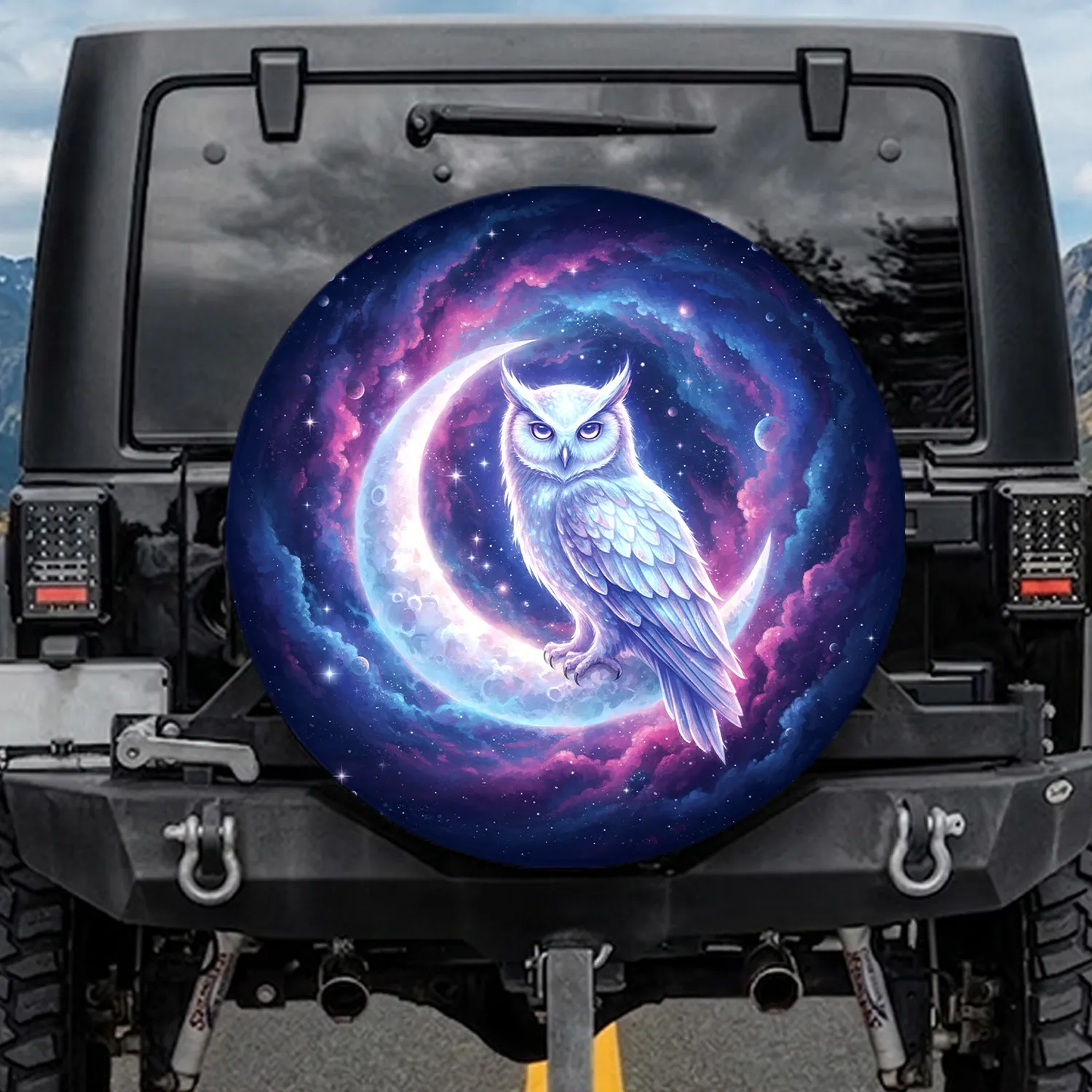 Spectral Owl Crescent Moon Aurora Galaxy - Celestial Lover Gift Spare Tire Cover - 1